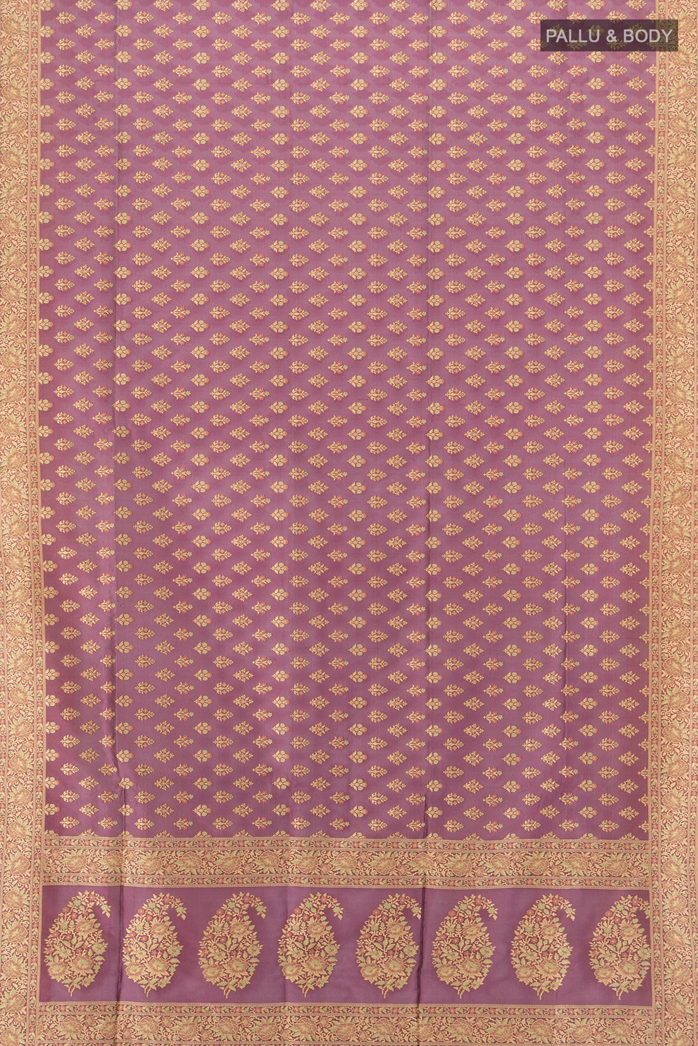 Flat view of Bronze Banarasi Silk Saree with Zari Butta on the body and Silk Border. 
