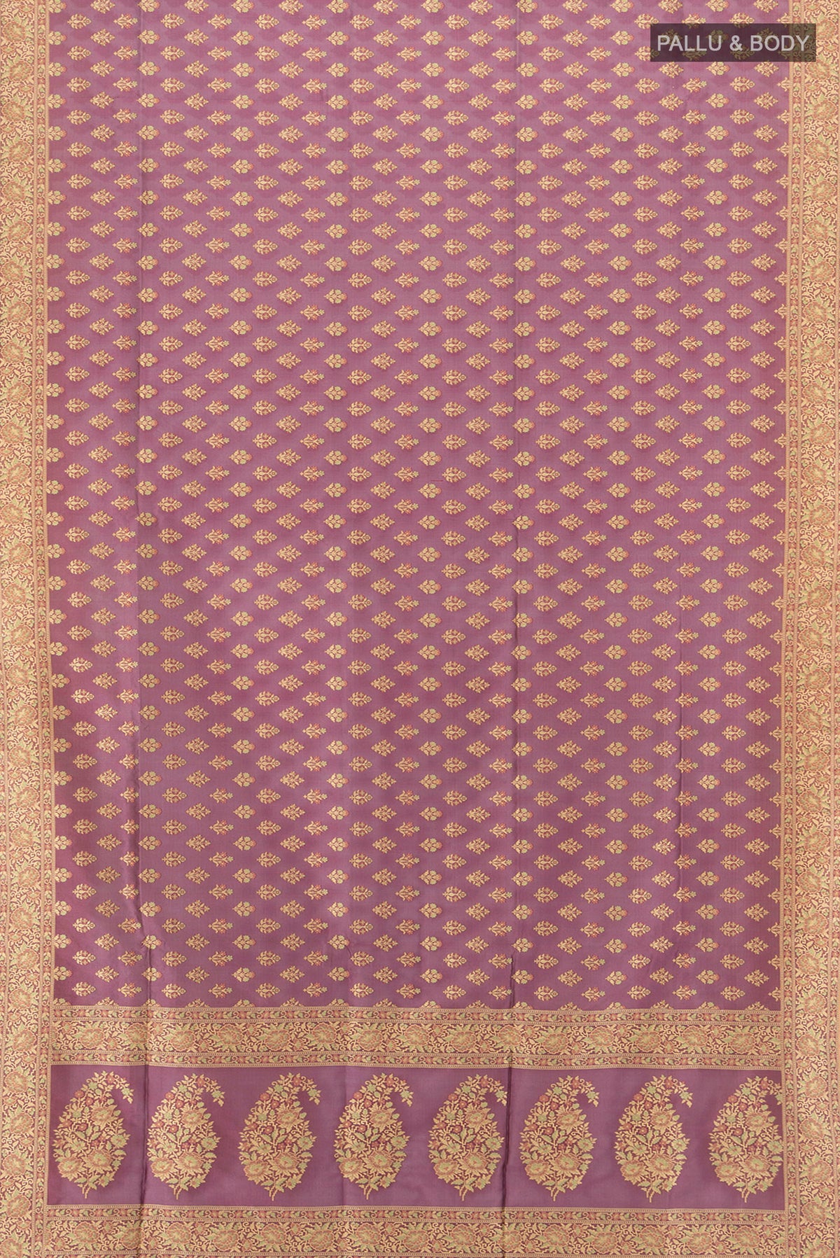 Flat view of Bronze Banarasi Silk Saree with Zari Butta on the body and Silk Border. 