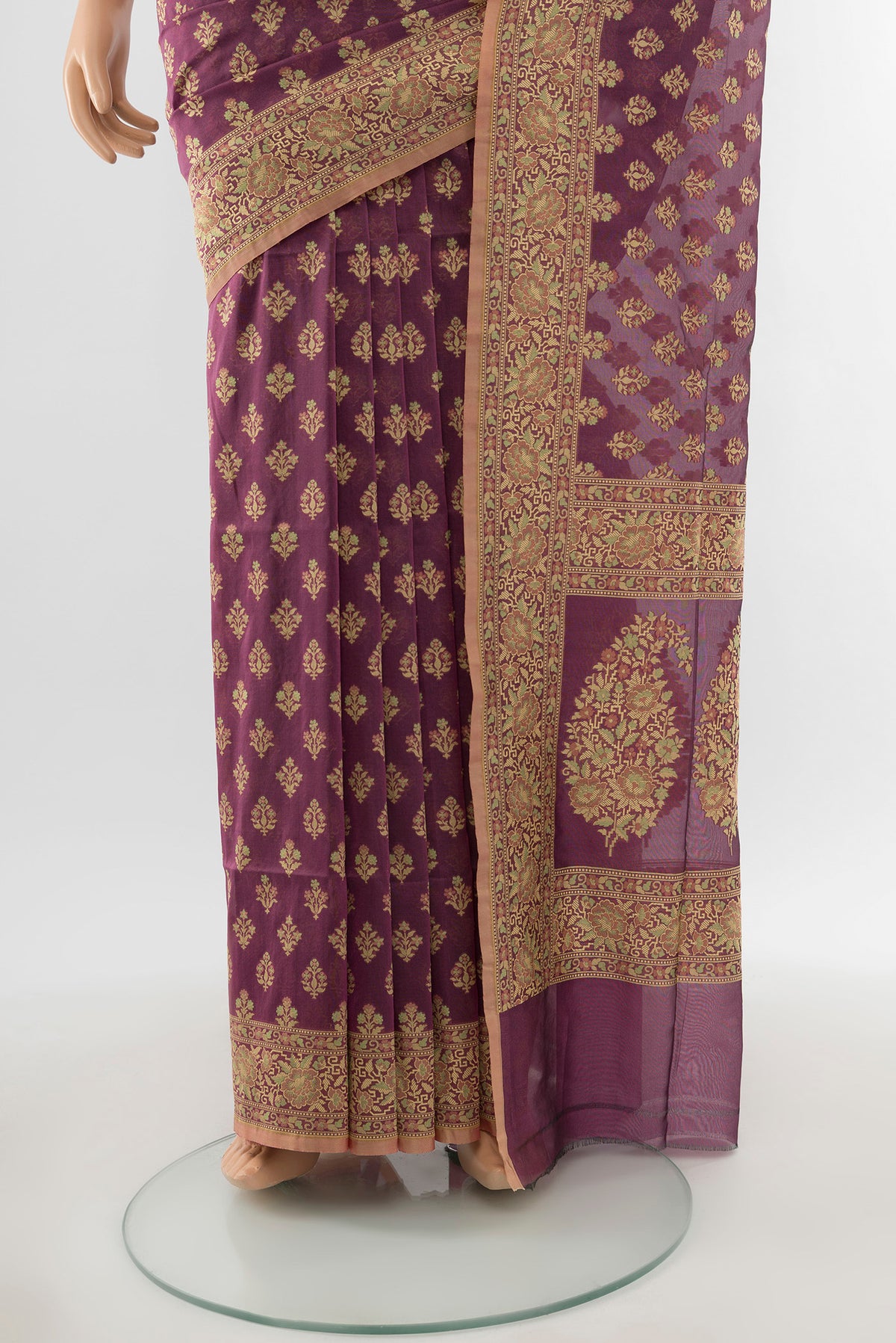 Pleats and pallu of Bronze Banarasi Silk Saree with Zari Butta on the body and Silk Border. 