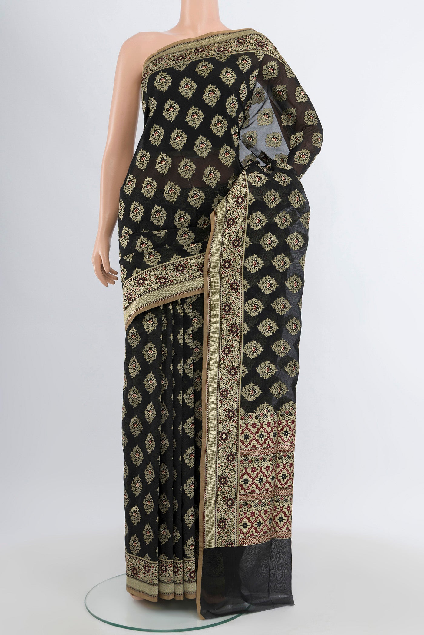 Black Banarasi Silk Saree with Zari Butta on the body and Zari Border.  displayed on a mannequin