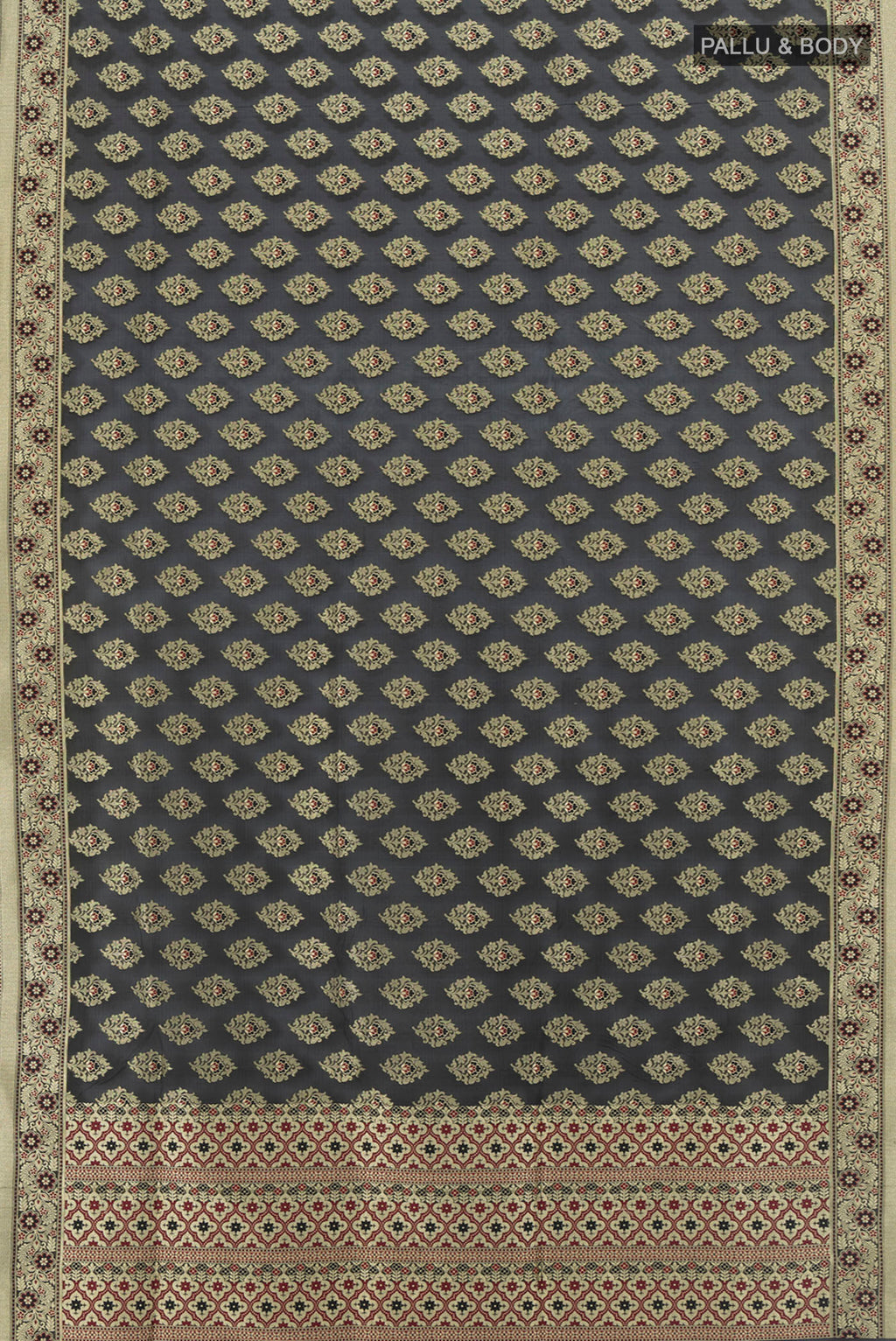 Flat view of Black Banarasi Silk Saree with Zari Butta on the body and Zari Border. 