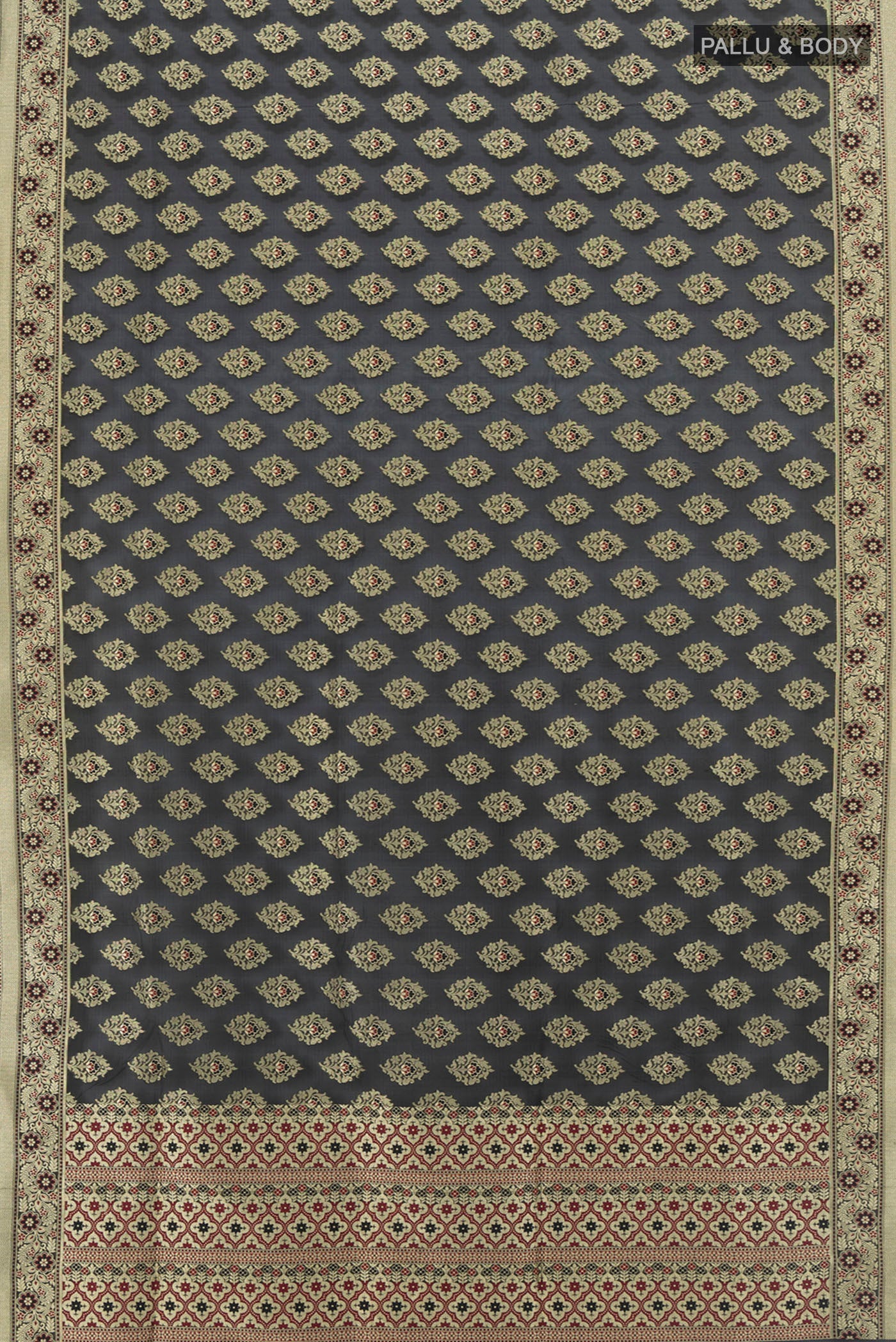 Flat view of Black Banarasi Silk Saree with Zari Butta on the body and Zari Border. 
