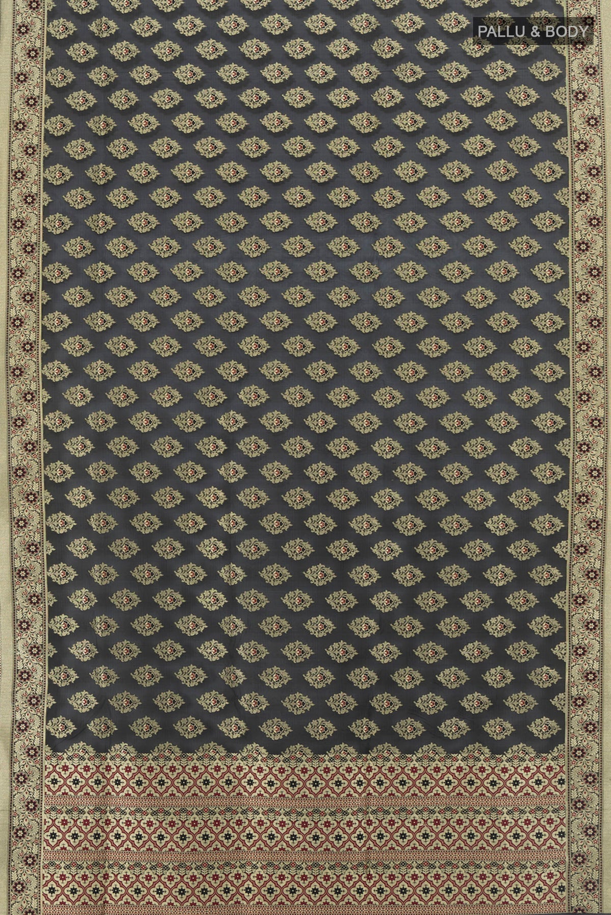 Flat view of Black Banarasi Silk Saree with Zari Butta on the body and Zari Border. 
