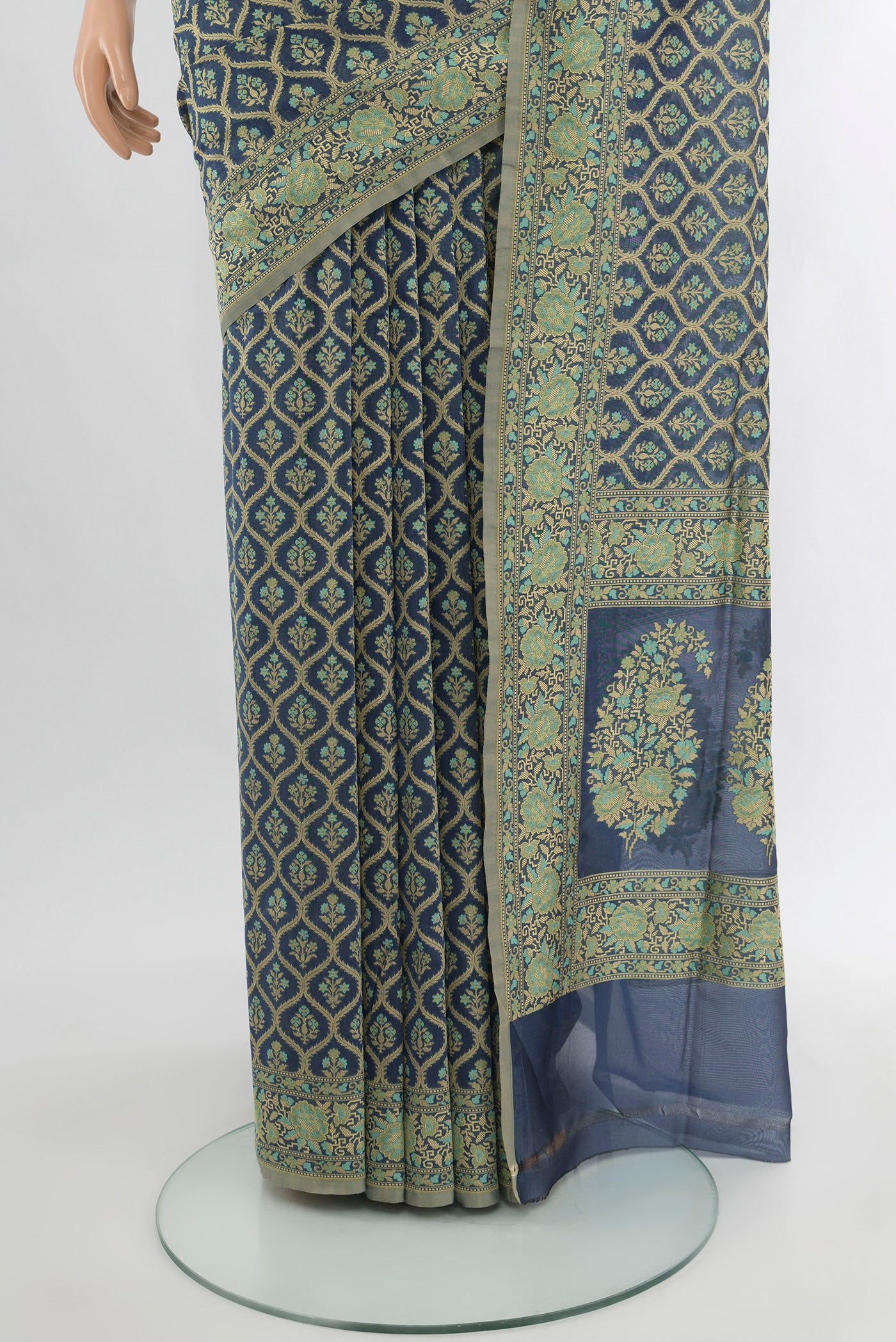 Pleats and pallu of Grey Banarasi Silk Saree with Zari Butta on the body and Zari Border. 