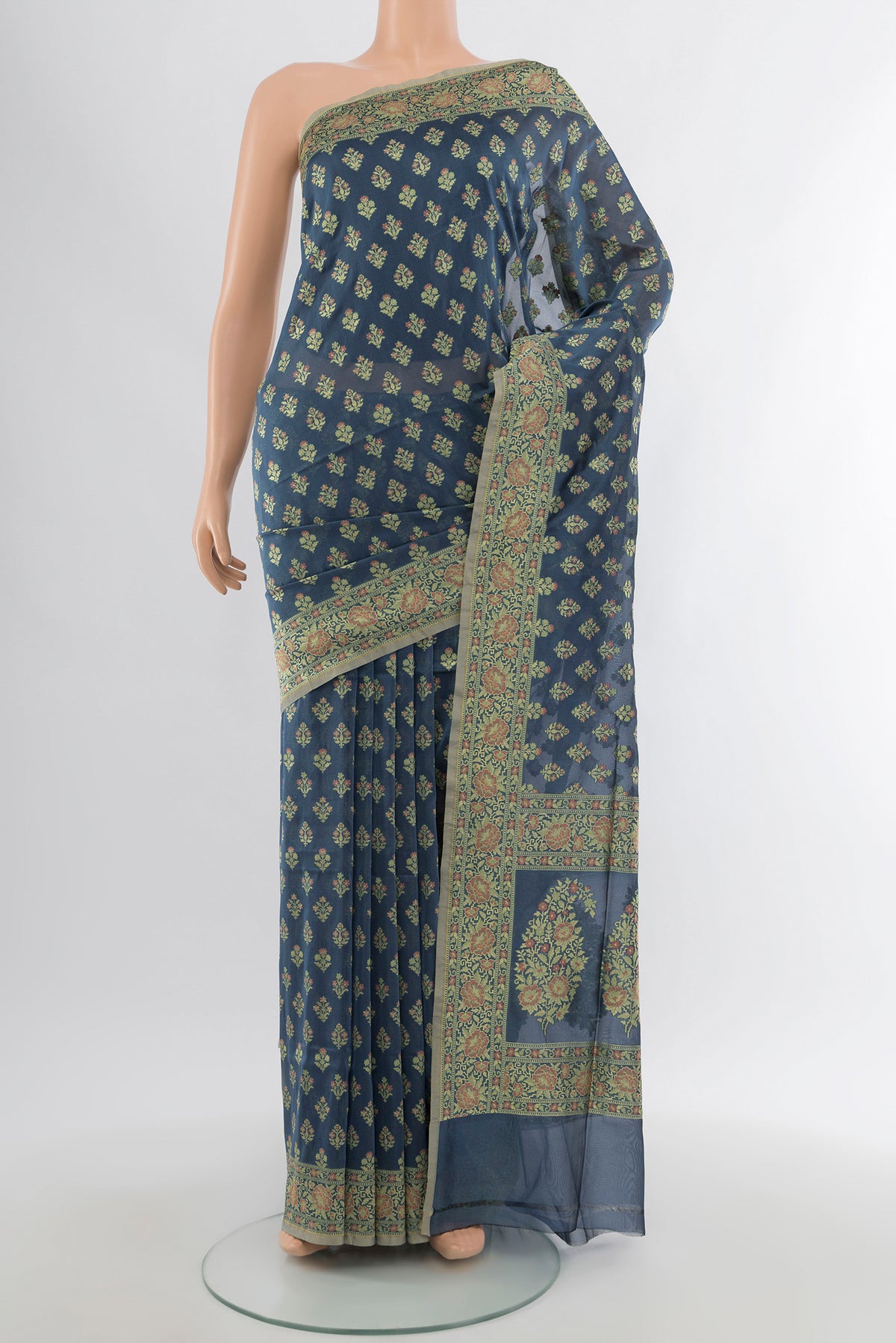 Davys Grey Banarasi Silk Saree with Zari Butta on the body and Zari Border.  displayed on a mannequin