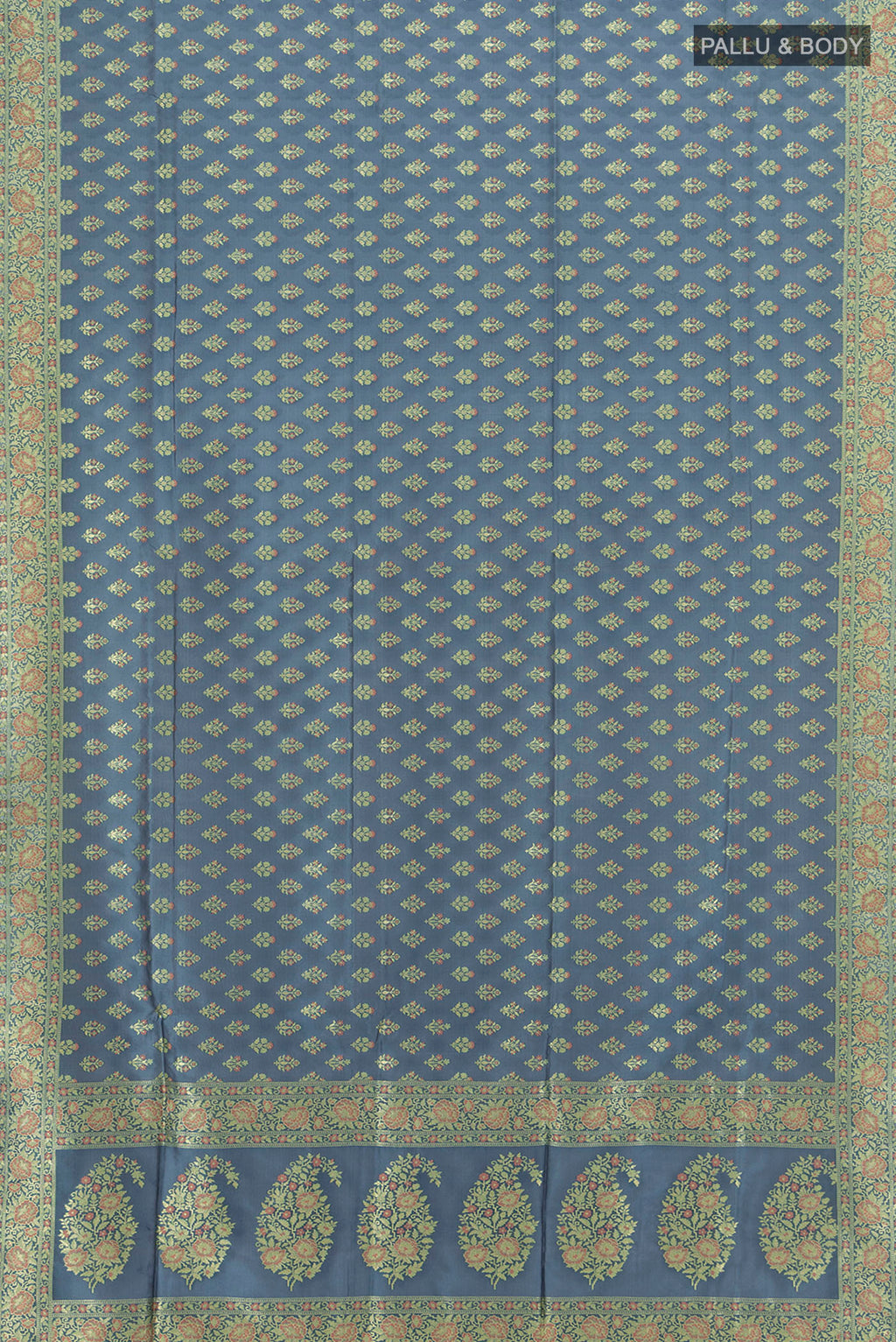 Flat view of Davys Grey Banarasi Silk Saree with Zari Butta on the body and Zari Border. 