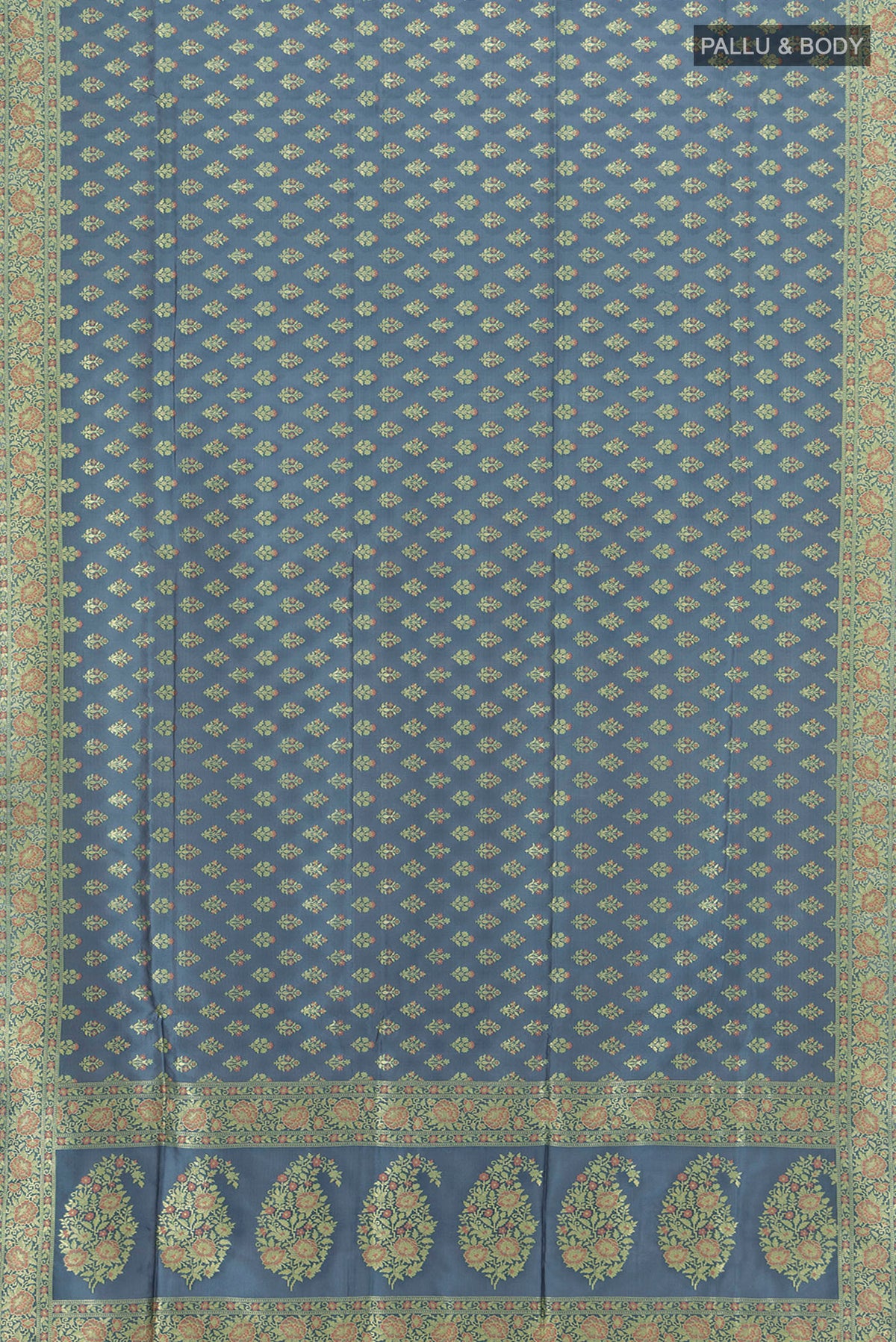 Flat view of Davys Grey Banarasi Silk Saree with Zari Butta on the body and Zari Border. 