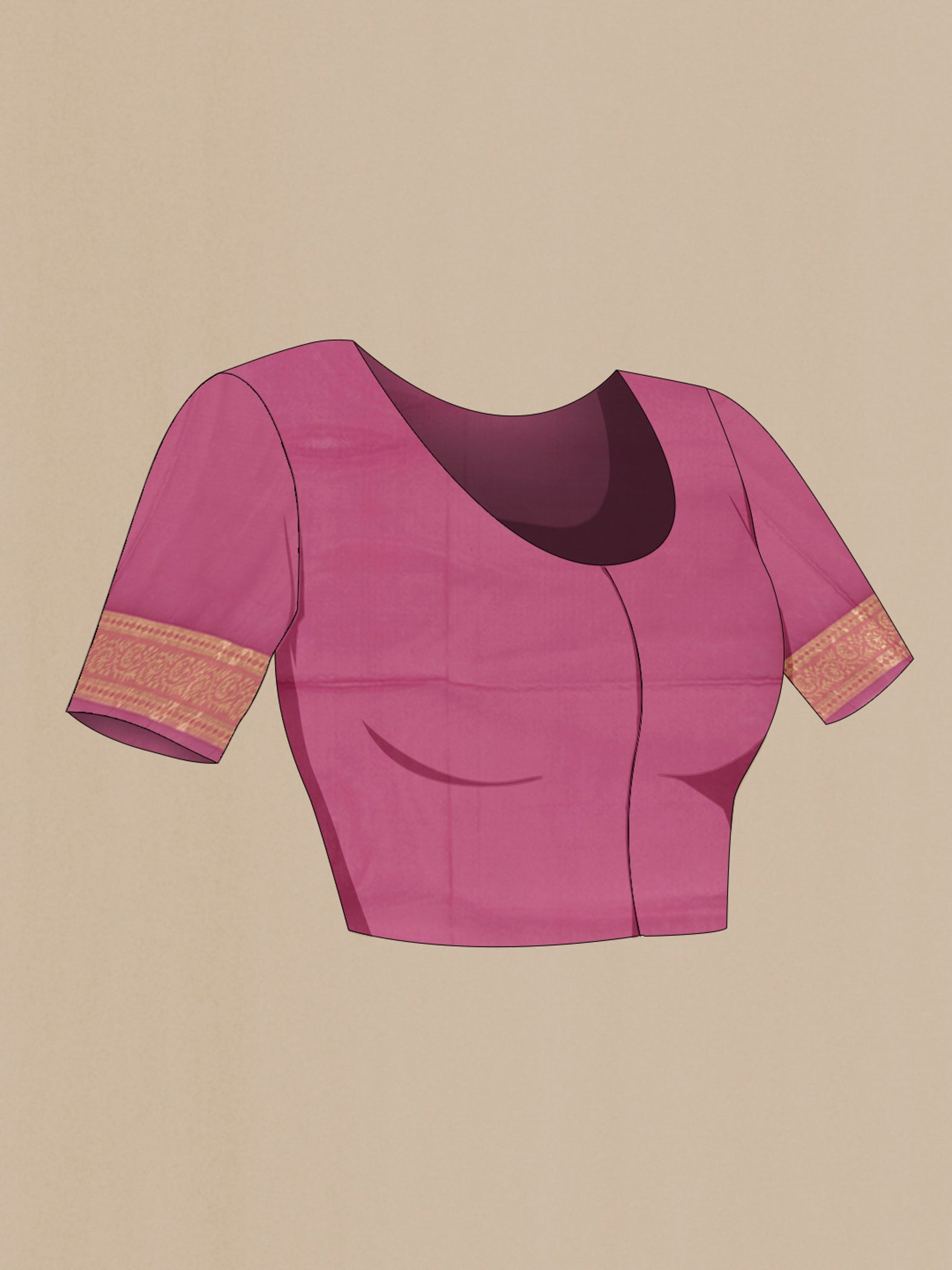 Close up image of the blouse of Pink Banarasi Silk Saree with Zari Butta on the body and Zari Border. 