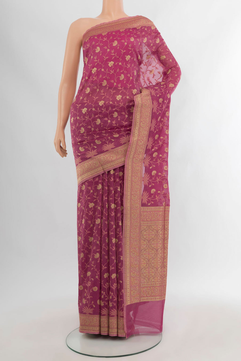 Pink Banarasi Silk Saree with Zari Butta on the body and Zari Border.  displayed on a mannequin