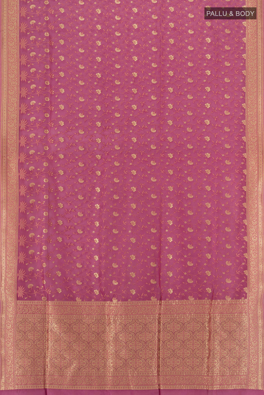 Flat view of Pink Banarasi Silk Saree with Zari Butta on the body and Zari Border. 