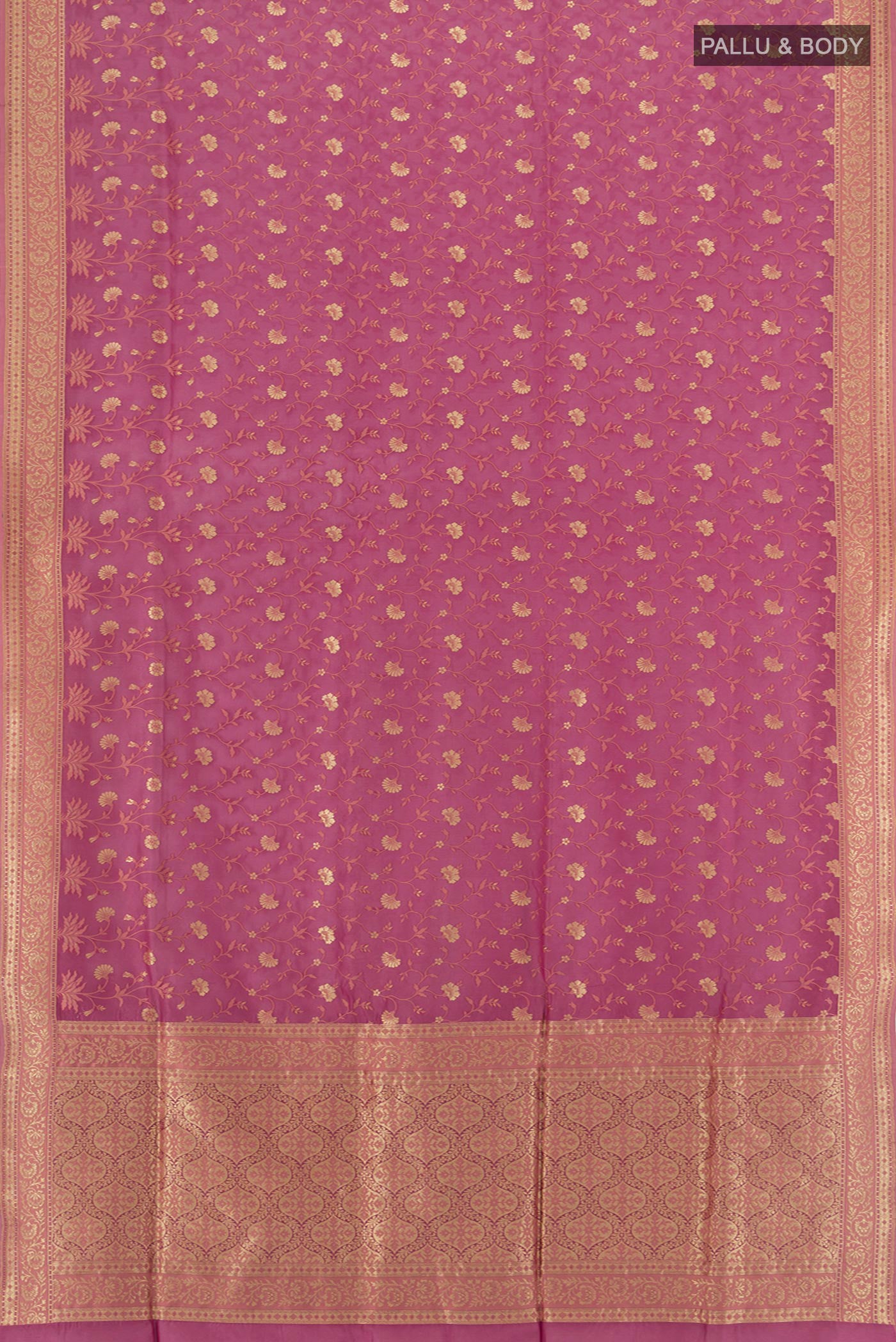 Flat view of Pink Banarasi Silk Saree with Zari Butta on the body and Zari Border. 