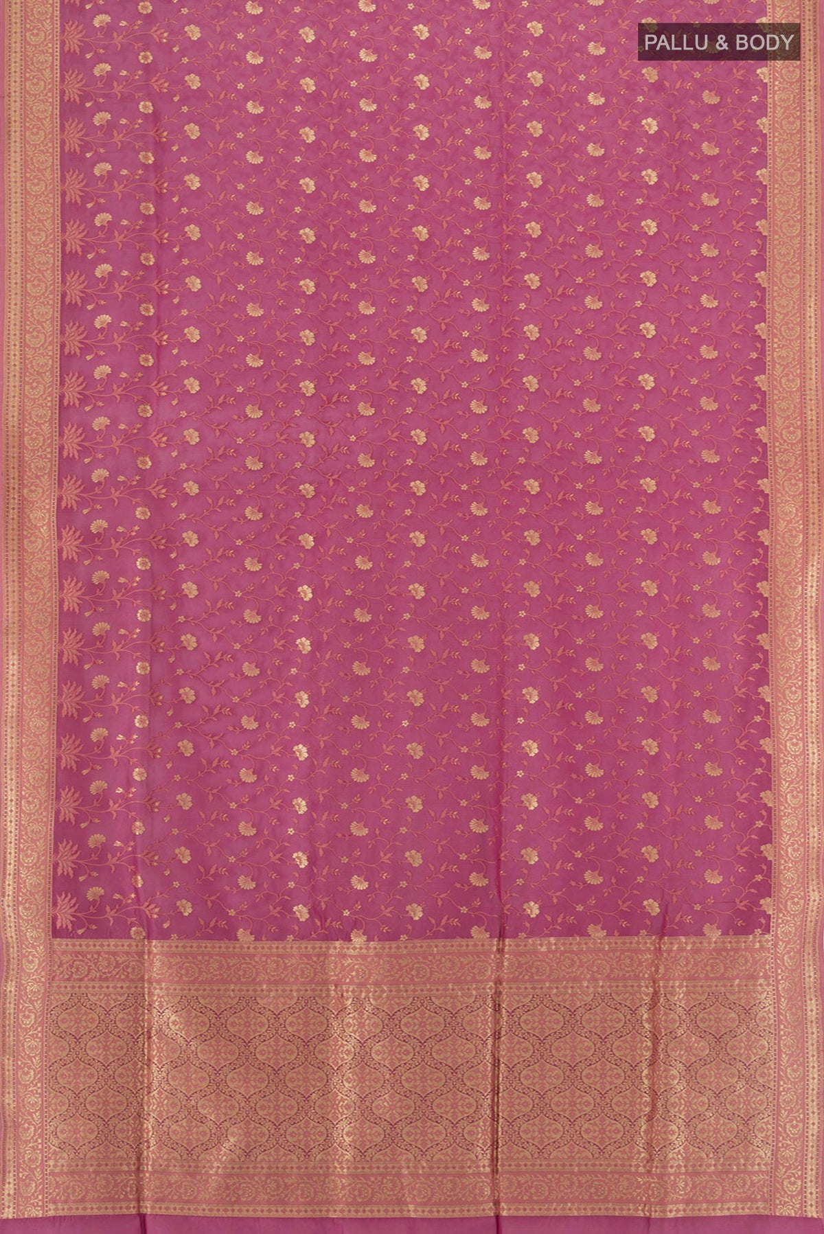 Flat view of Pink Banarasi Silk Saree with Zari Butta on the body and Zari Border. 