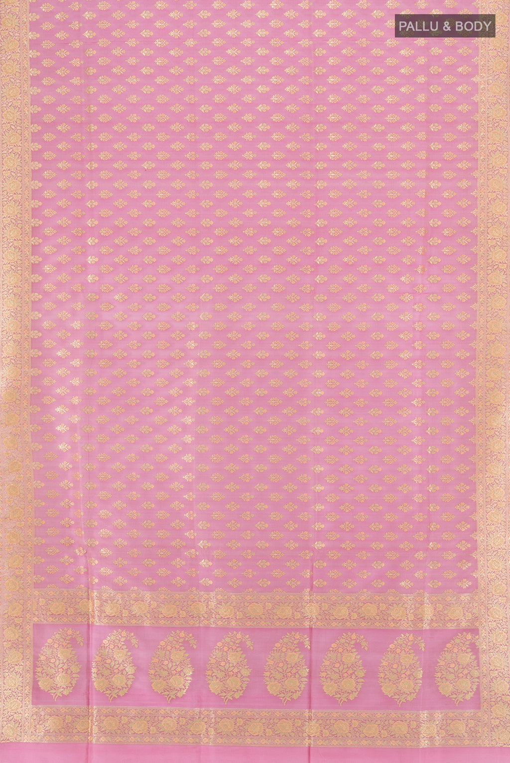 Flat view of Rose Gold Banarasi Silk Saree with Zari Butta on the body and Silk Border. 