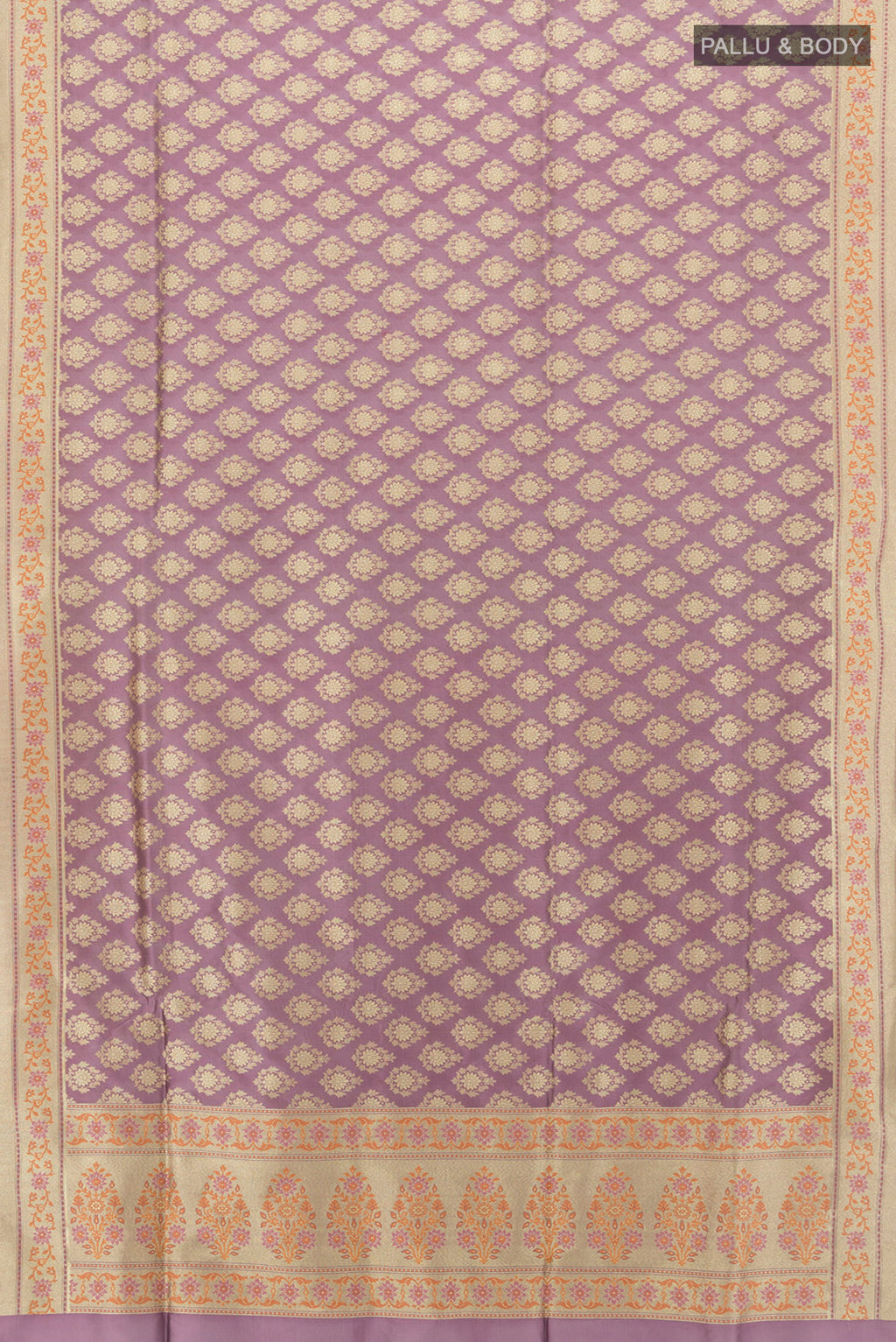 Flat view of Bronze Banarasi Silk Saree with Zari Butta on the body and Silk Border. 