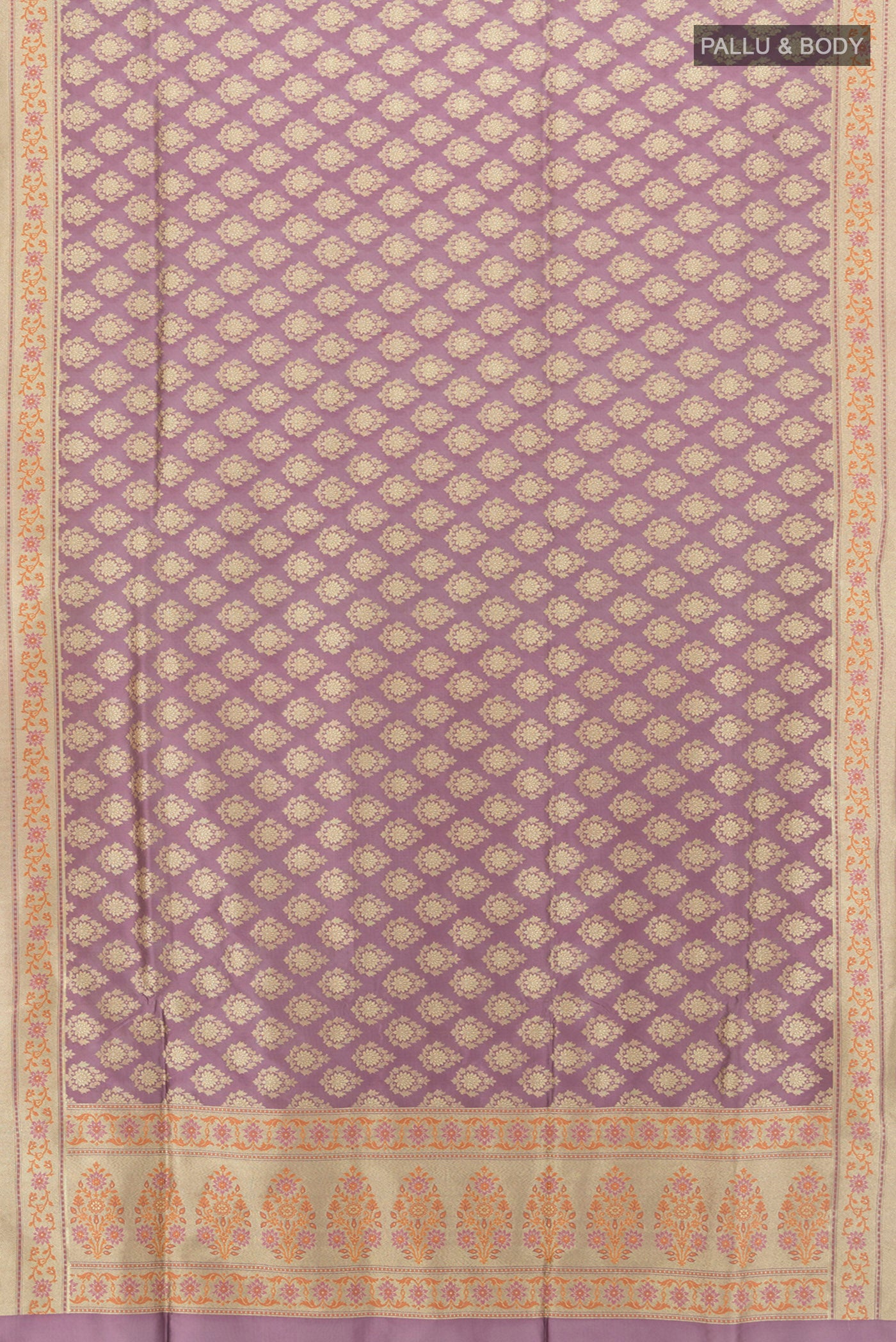 Flat view of Bronze Banarasi Silk Saree with Zari Butta on the body and Silk Border. 