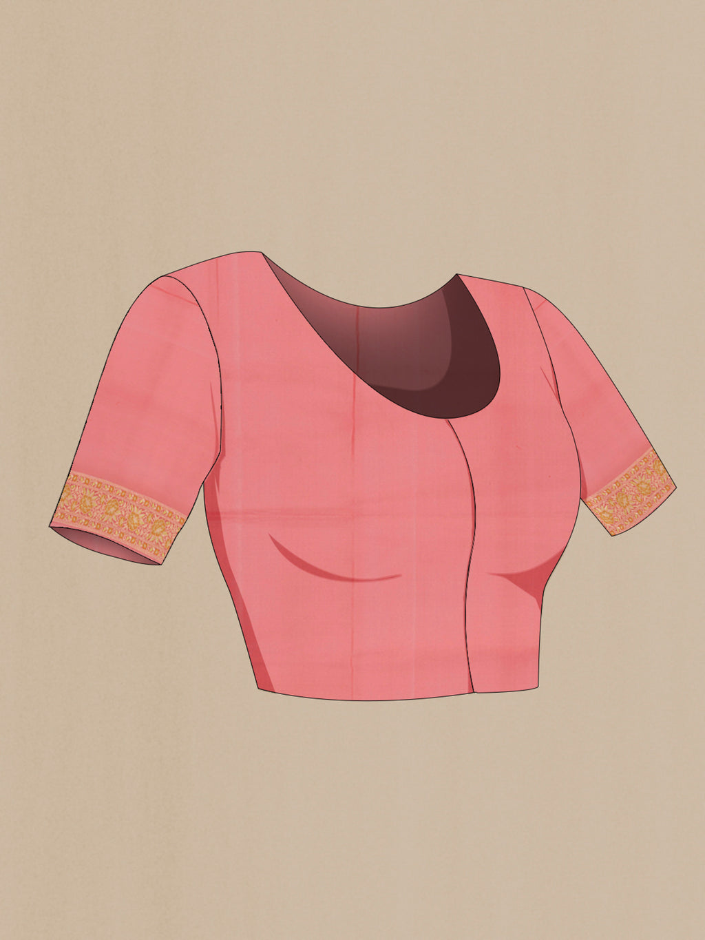 Close up image of the blouse of Peach Banarasi Silk Saree with Zari And Thread Butta on the body and Zari Border. 
