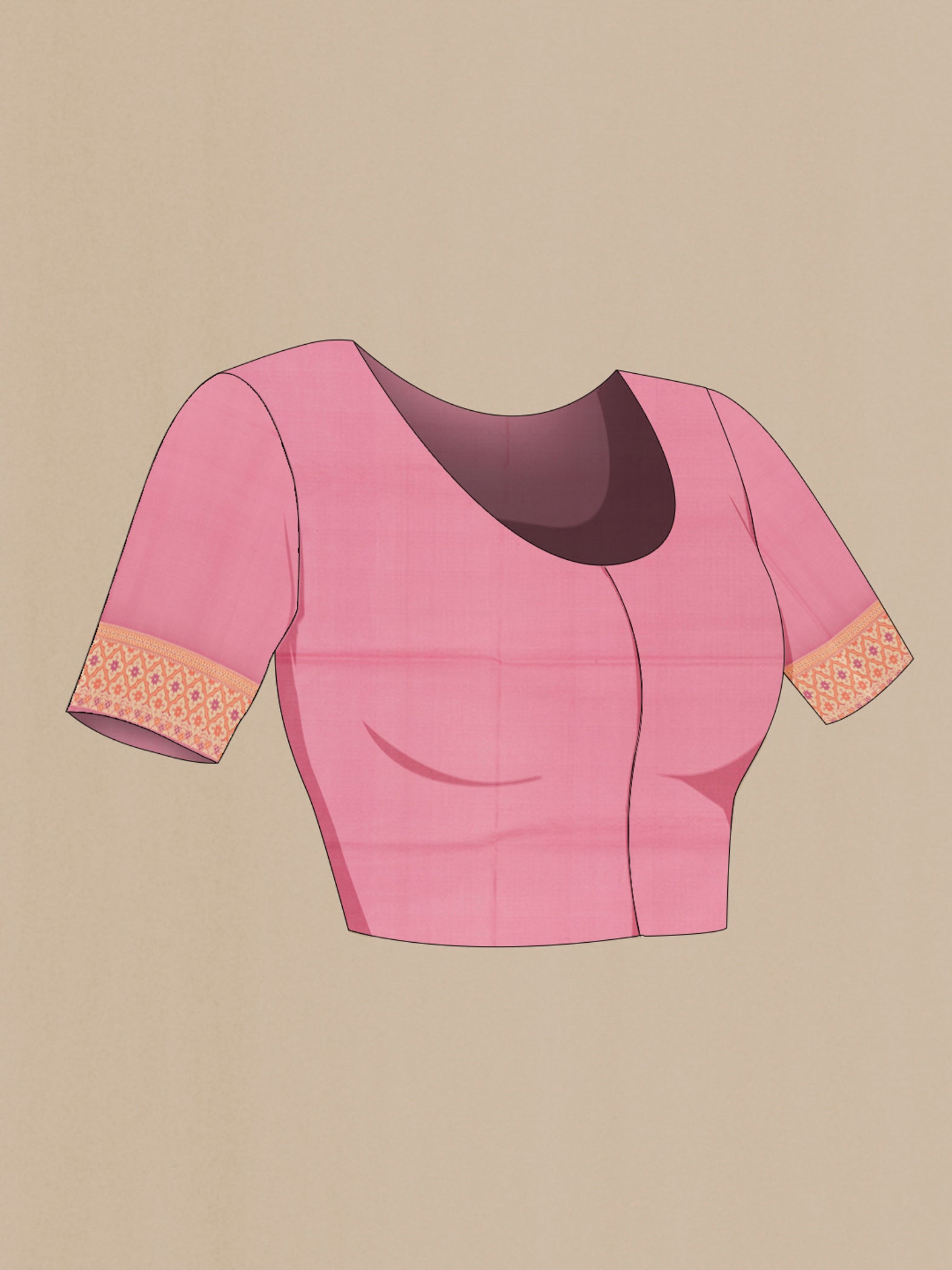 Close up image of the blouse of Rose pink Banarasi Silk Saree with Zari Brocade on the body and Zari Border. 