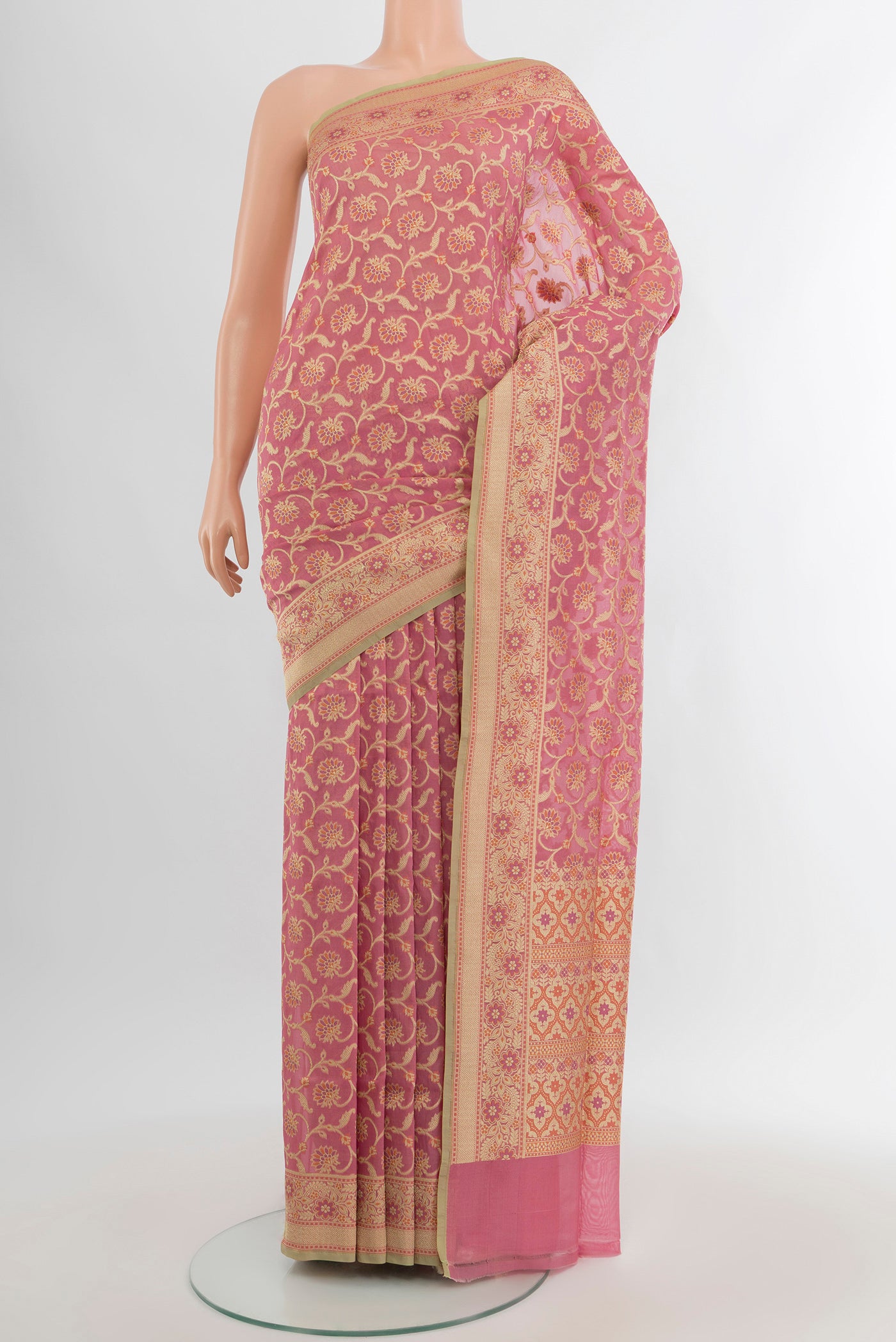Rose pink Banarasi Silk Saree with Zari Brocade on the body and Zari Border.  displayed on a mannequin