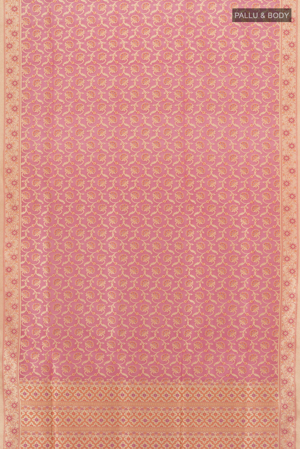Flat view of Rose pink Banarasi Silk Saree with Zari Brocade on the body and Zari Border. 