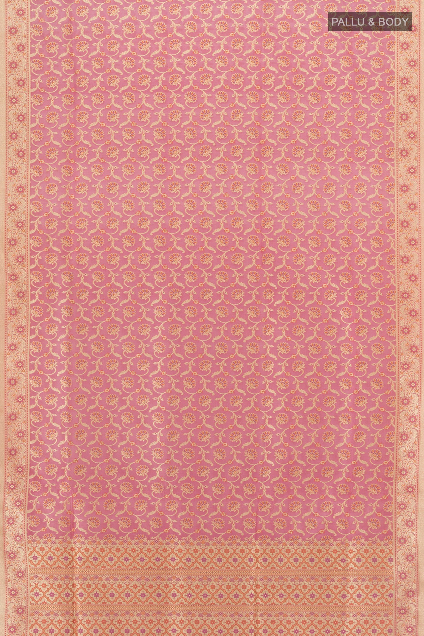 Flat view of Rose pink Banarasi Silk Saree with Zari Brocade on the body and Zari Border. 