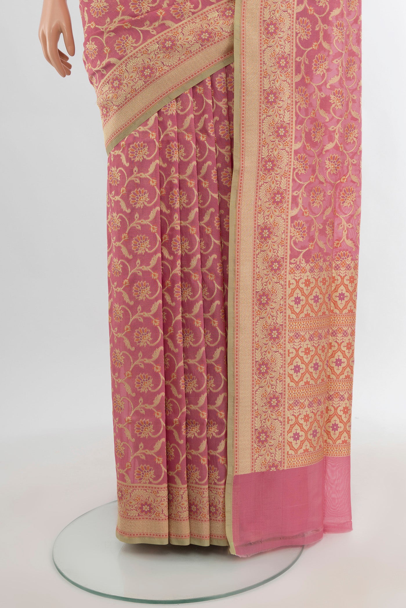 Pleats and pallu of Rose pink Banarasi Silk Saree with Zari Brocade on the body and Zari Border. 