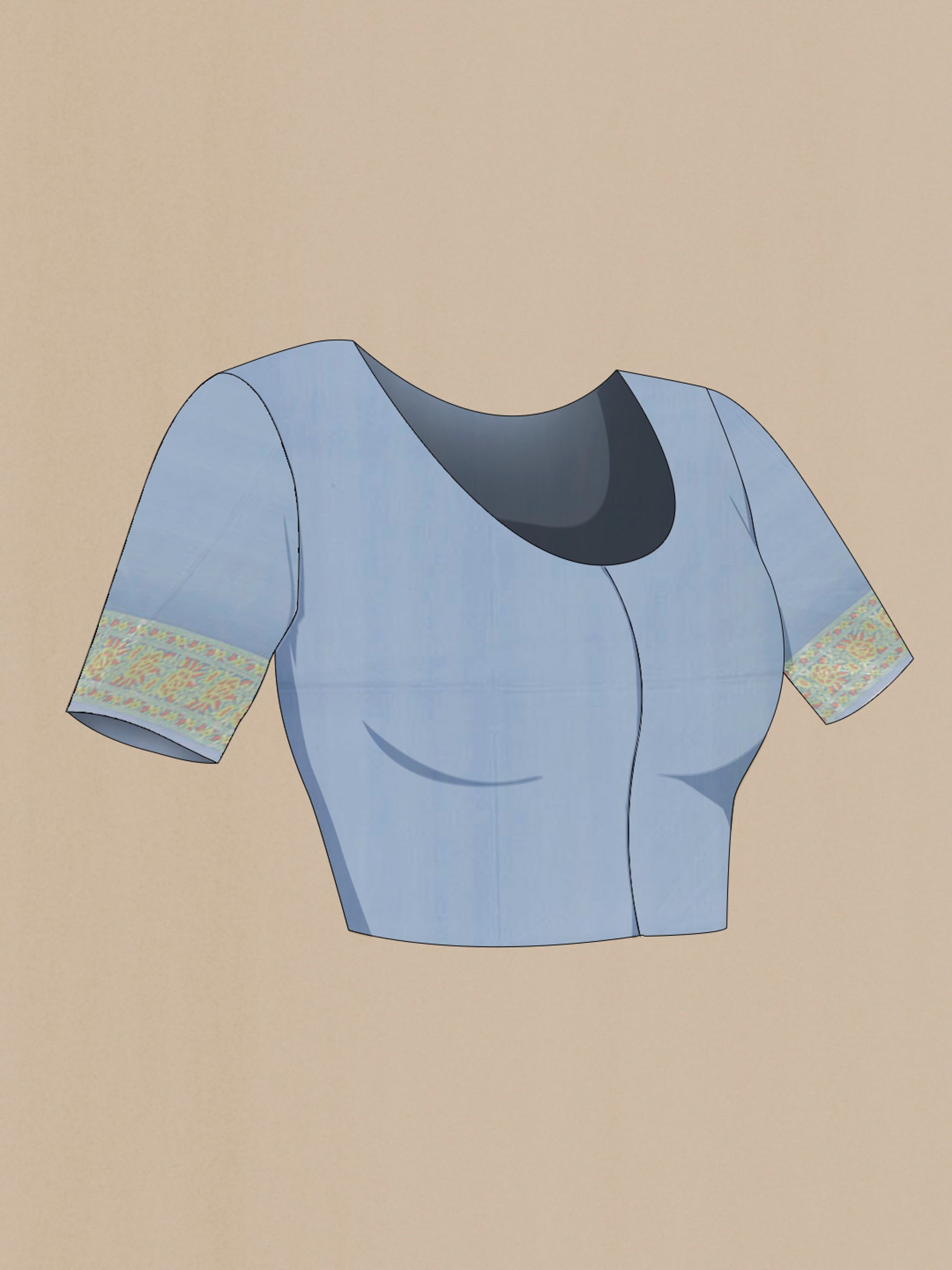 Close up image of the blouse of Light Blue Banarasi Silk Saree with Zari Butta on the body and Zari Border. 