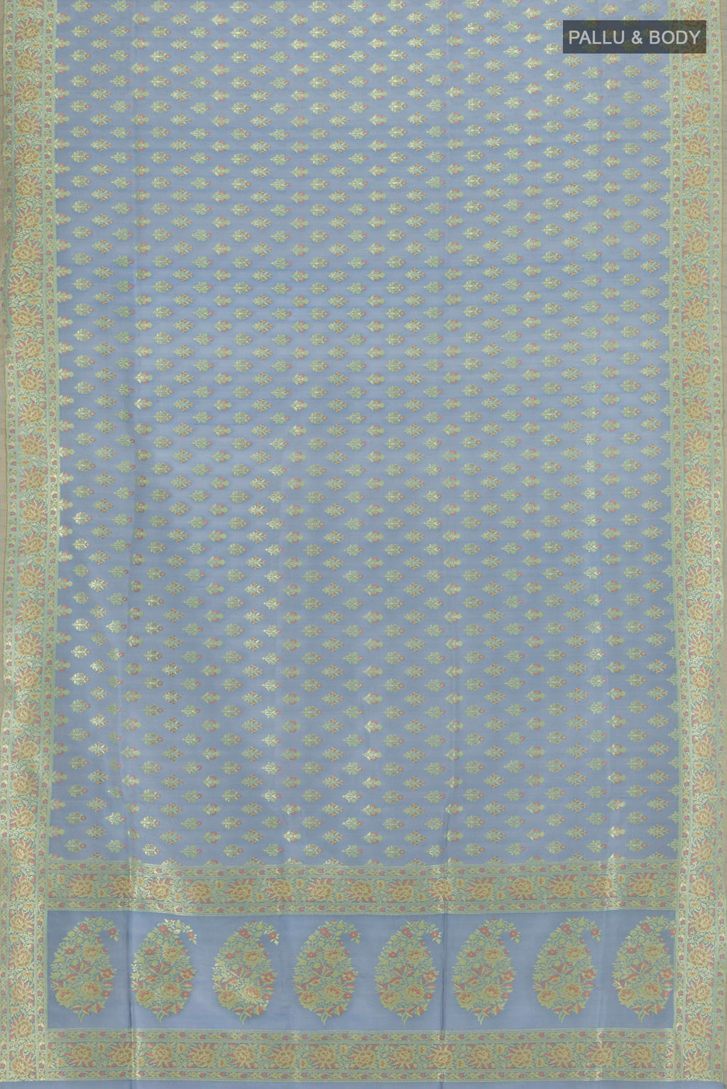 Flat view of Light Blue Banarasi Silk Saree with Zari Butta on the body and Zari Border. 