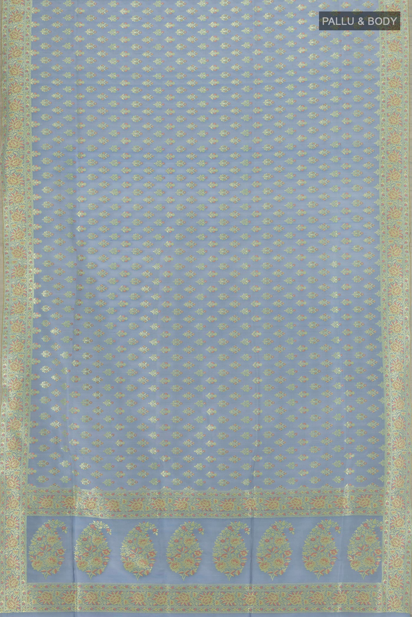Flat view of Light Blue Banarasi Silk Saree with Zari Butta on the body and Zari Border. 