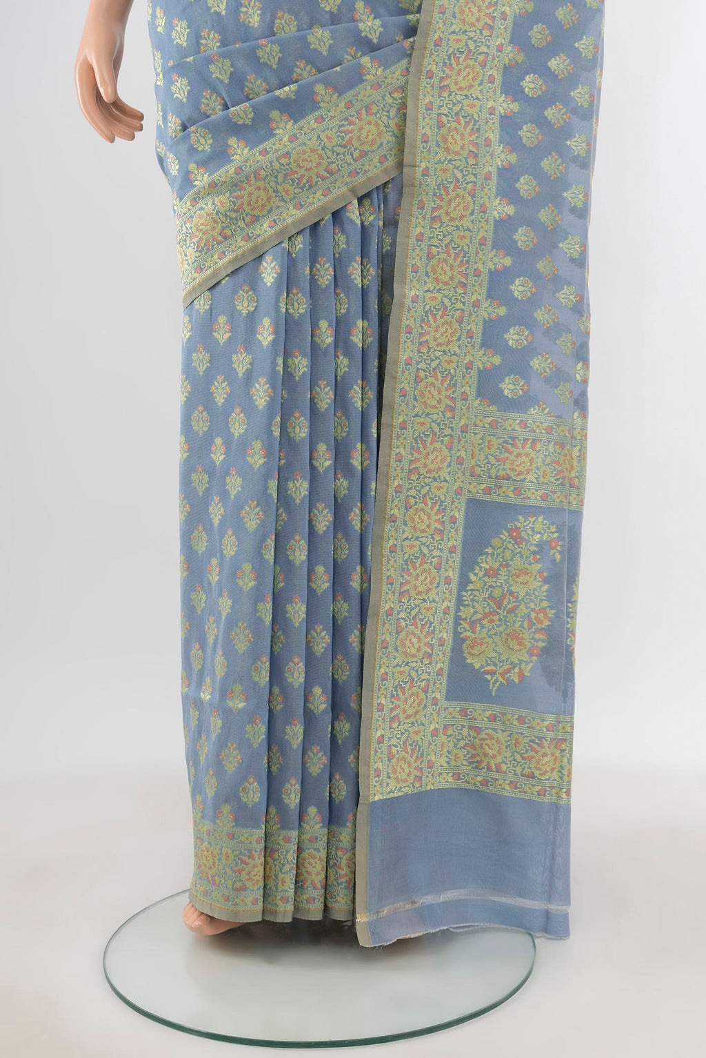 Pleats and pallu of Light Blue Banarasi Silk Saree with Zari Butta on the body and Zari Border. 