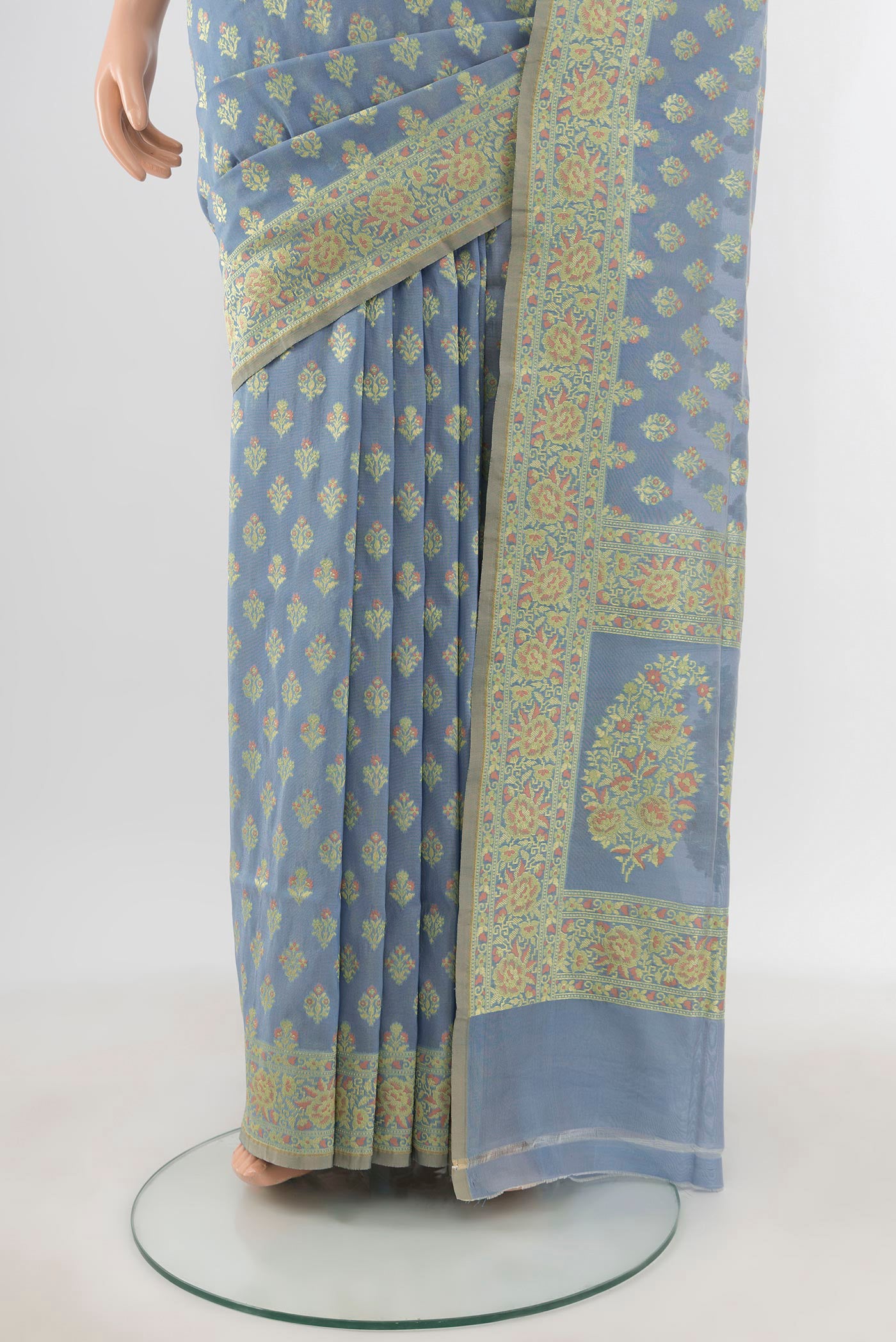 Pleats and pallu of Light Blue Banarasi Silk Saree with Zari Butta on the body and Zari Border. 