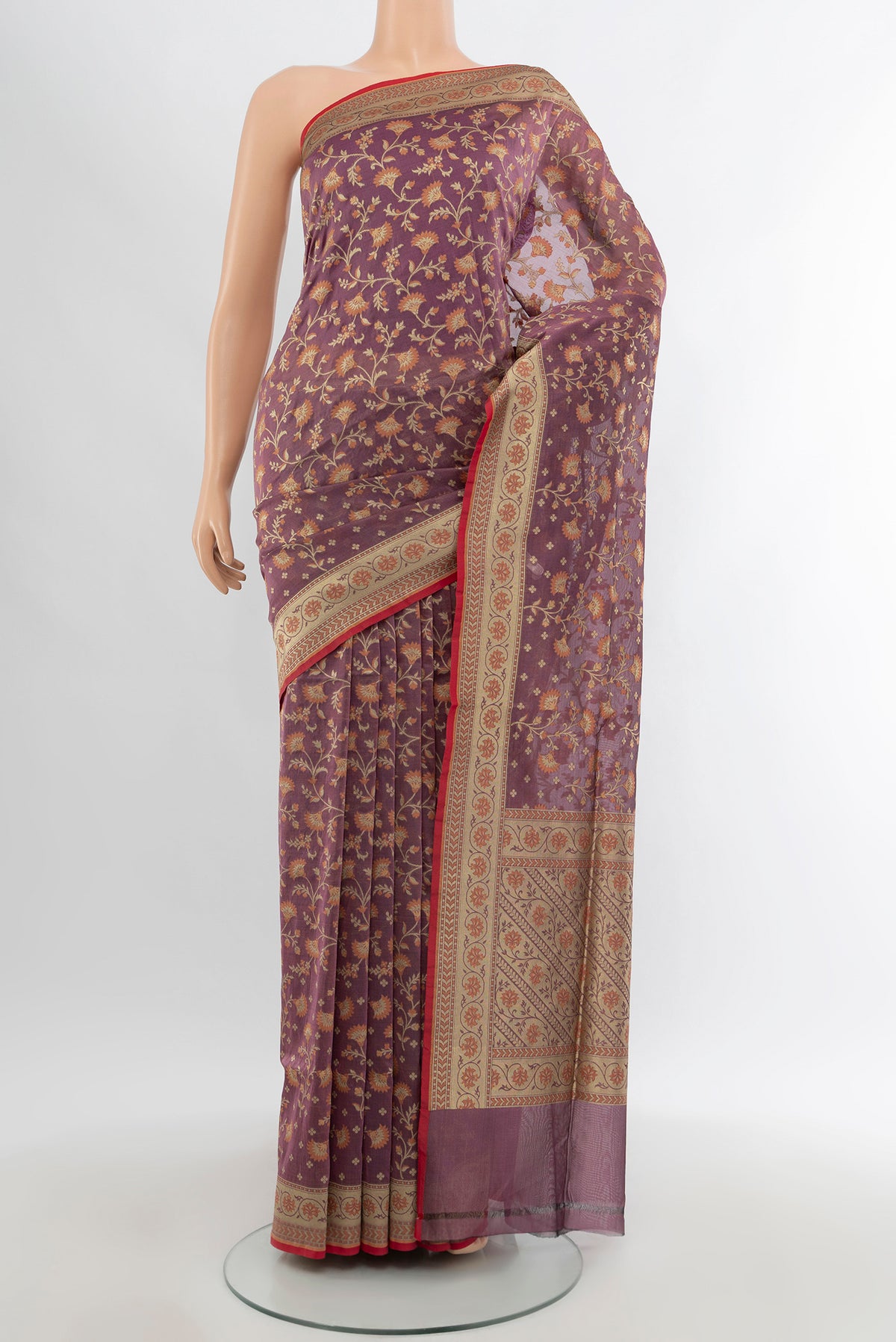 Lavender Banarasi Silk Saree with Thread Butta on the body and Zari Border.  displayed on a mannequin