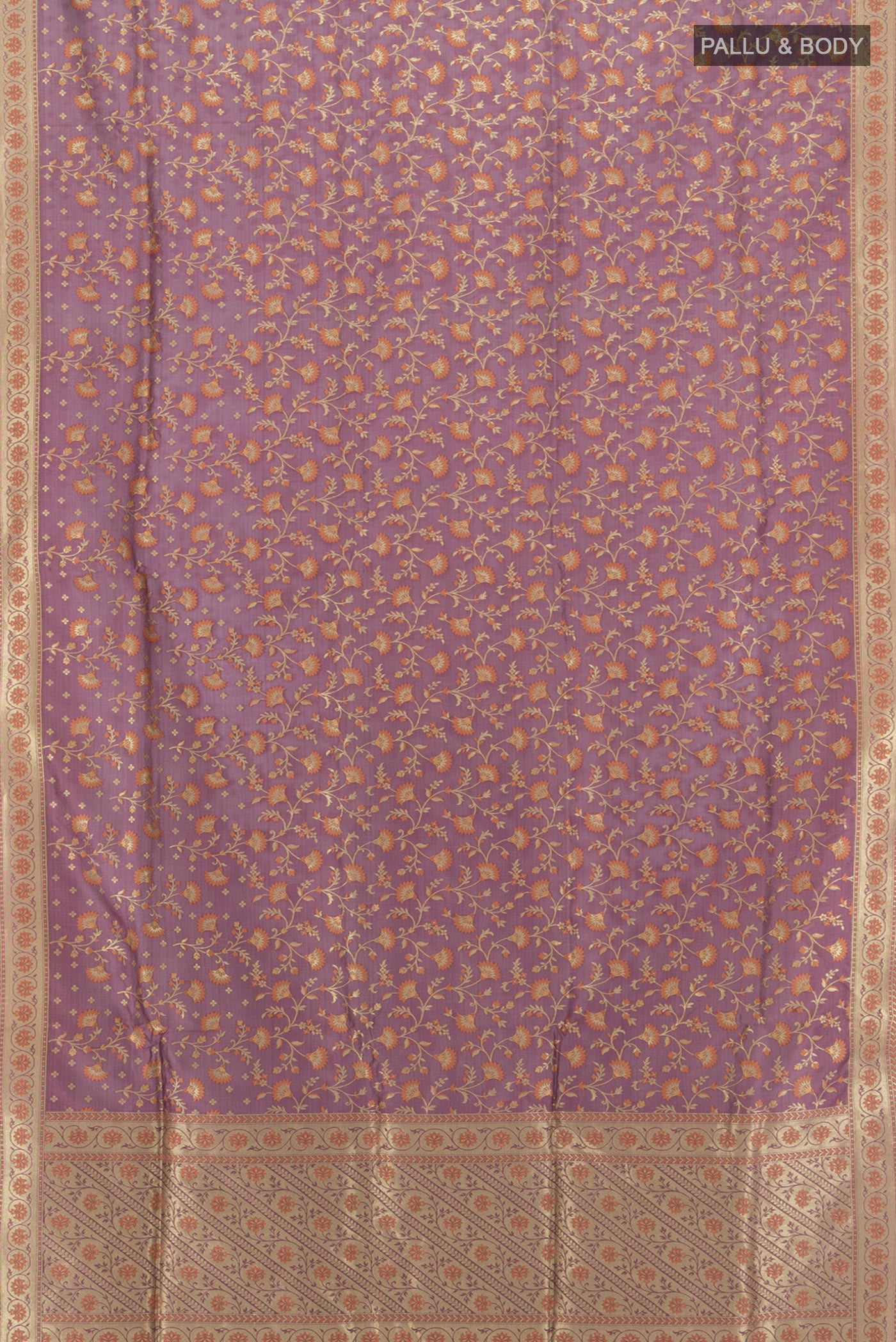 Flat view of Lavender Banarasi Silk Saree with Thread Butta on the body and Zari Border. 