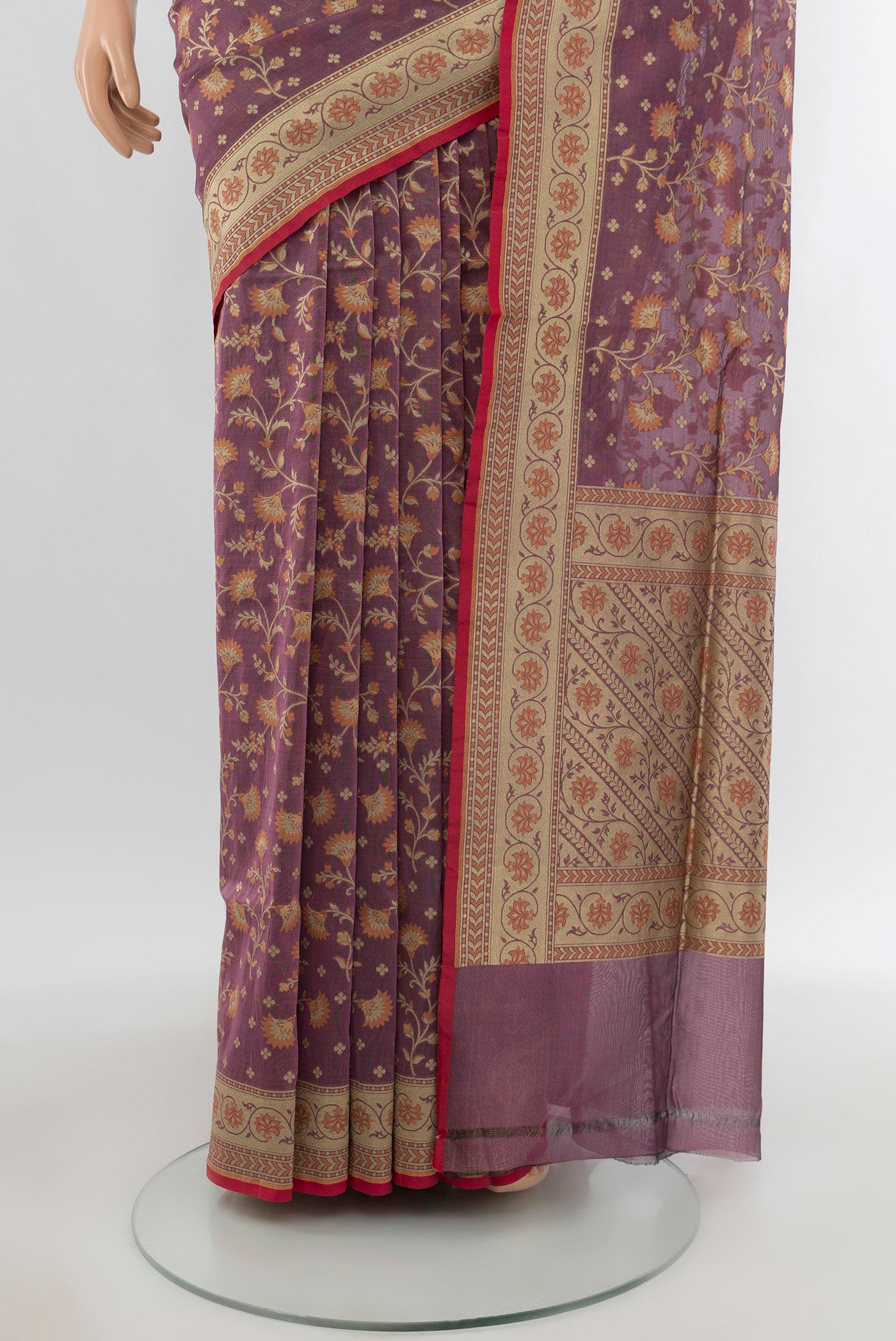 Pleats and pallu of Lavender Banarasi Silk Saree with Thread Butta on the body and Zari Border. 