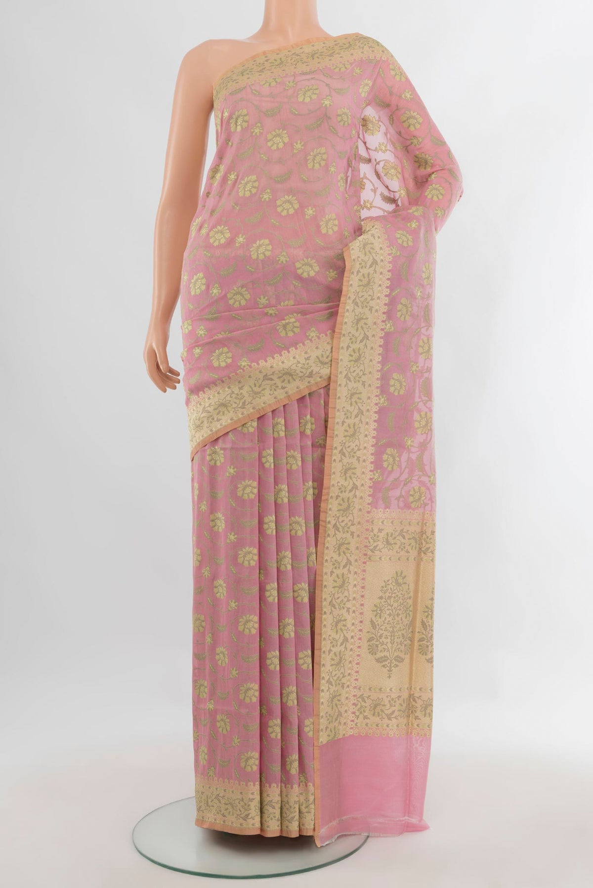 Pure Silk Rose pink Banarasi Saree with Zari Butta on the body and Zari Border.  displayed on a mannequin