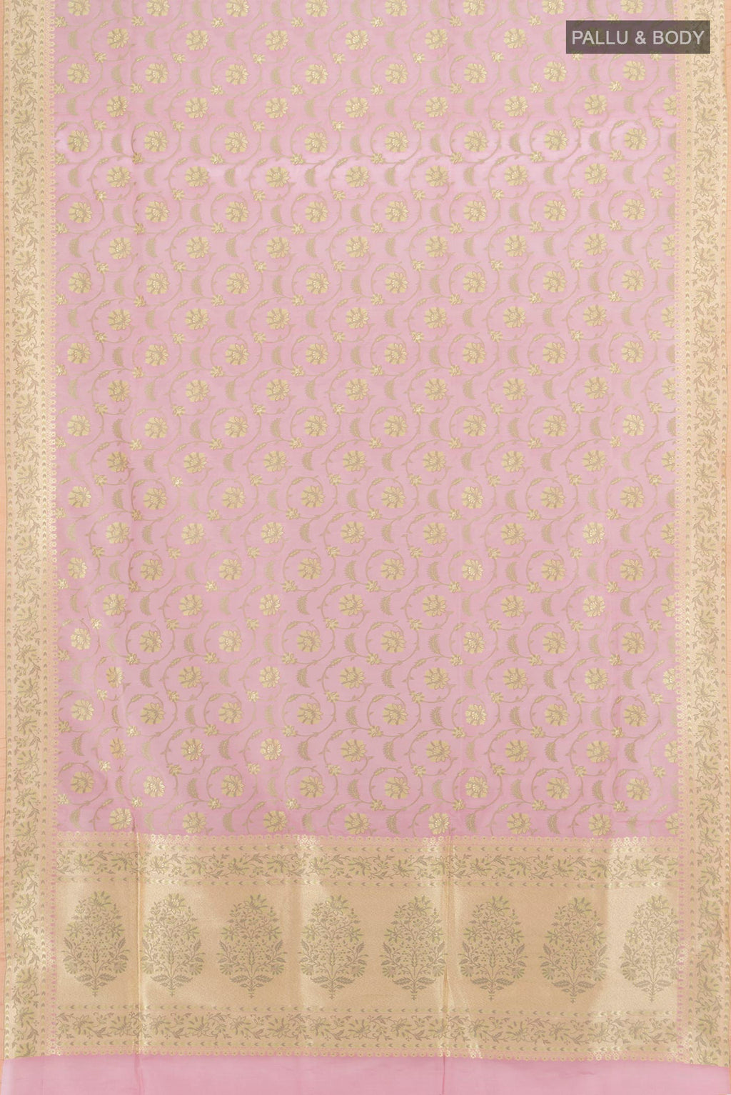 Flat view of Pure Silk Rose pink Banarasi Saree with Zari Butta on the body and Zari Border. 