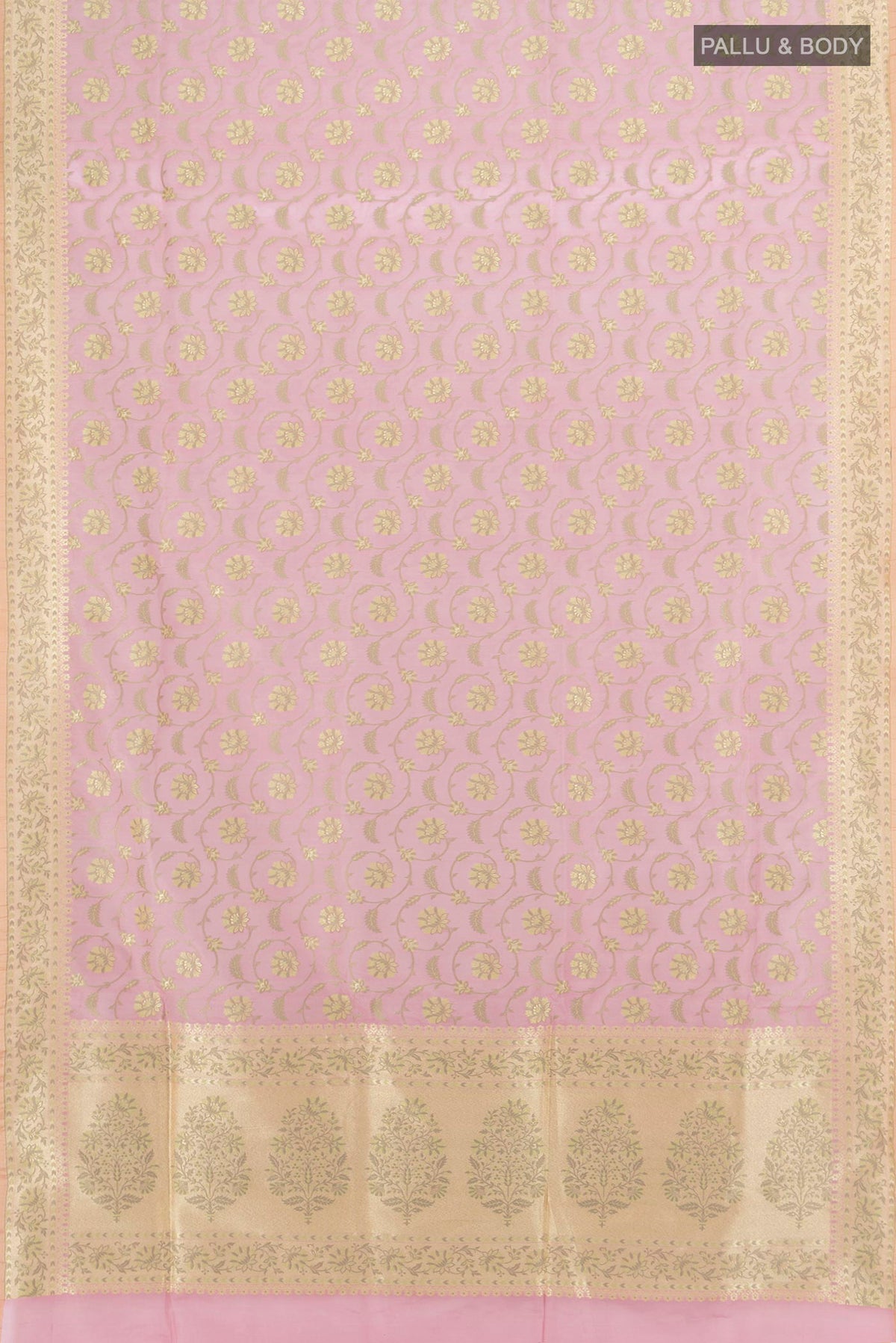 Flat view of Pure Silk Rose pink Banarasi Saree with Zari Butta on the body and Zari Border. 