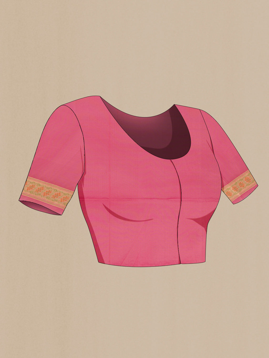 Close up image of the blouse of Pink Banarasi Silk Saree with Zari And Thread Butta on the body and Zari Border. 