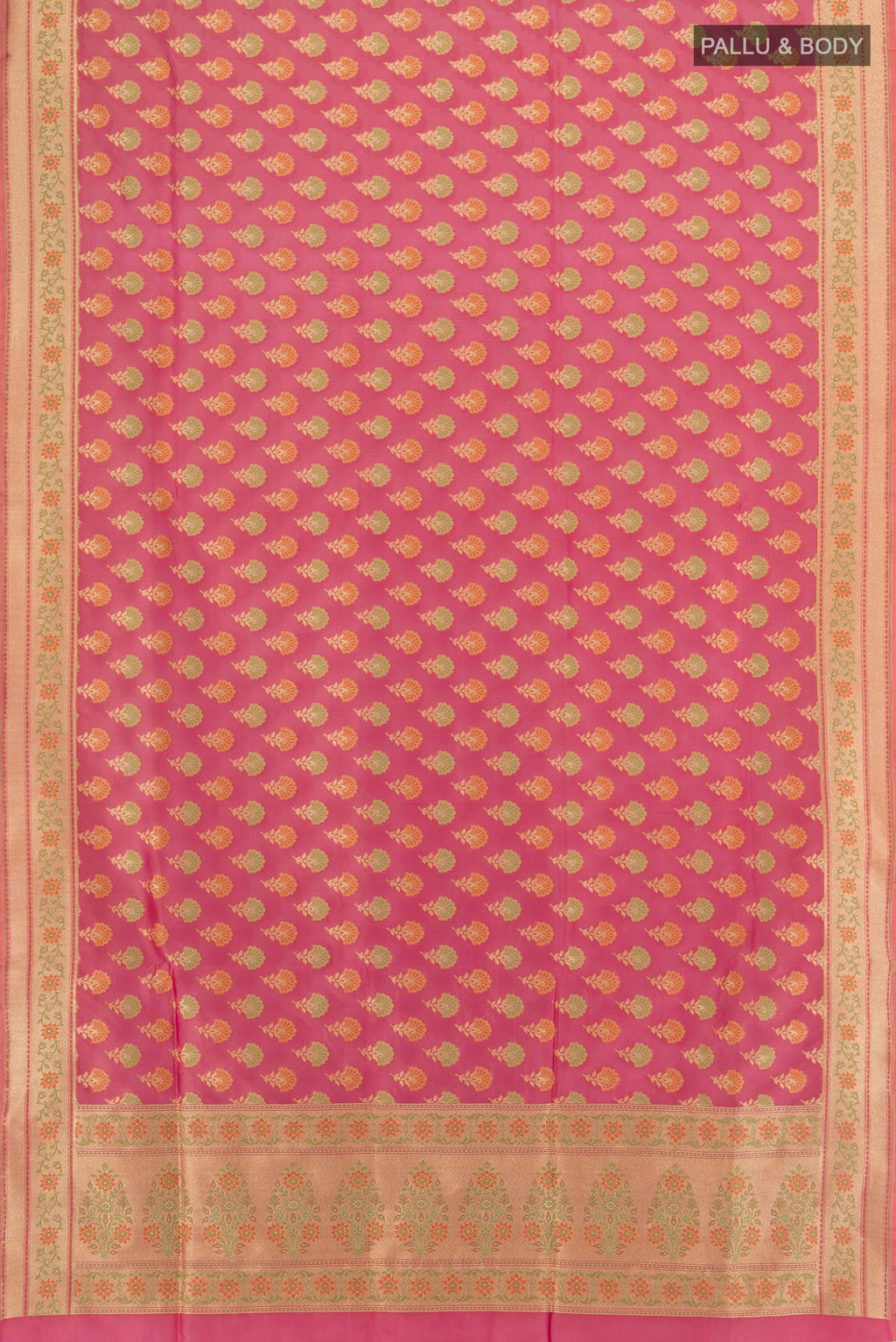 Flat view of Pink Banarasi Silk Saree with Zari And Thread Butta on the body and Zari Border. 