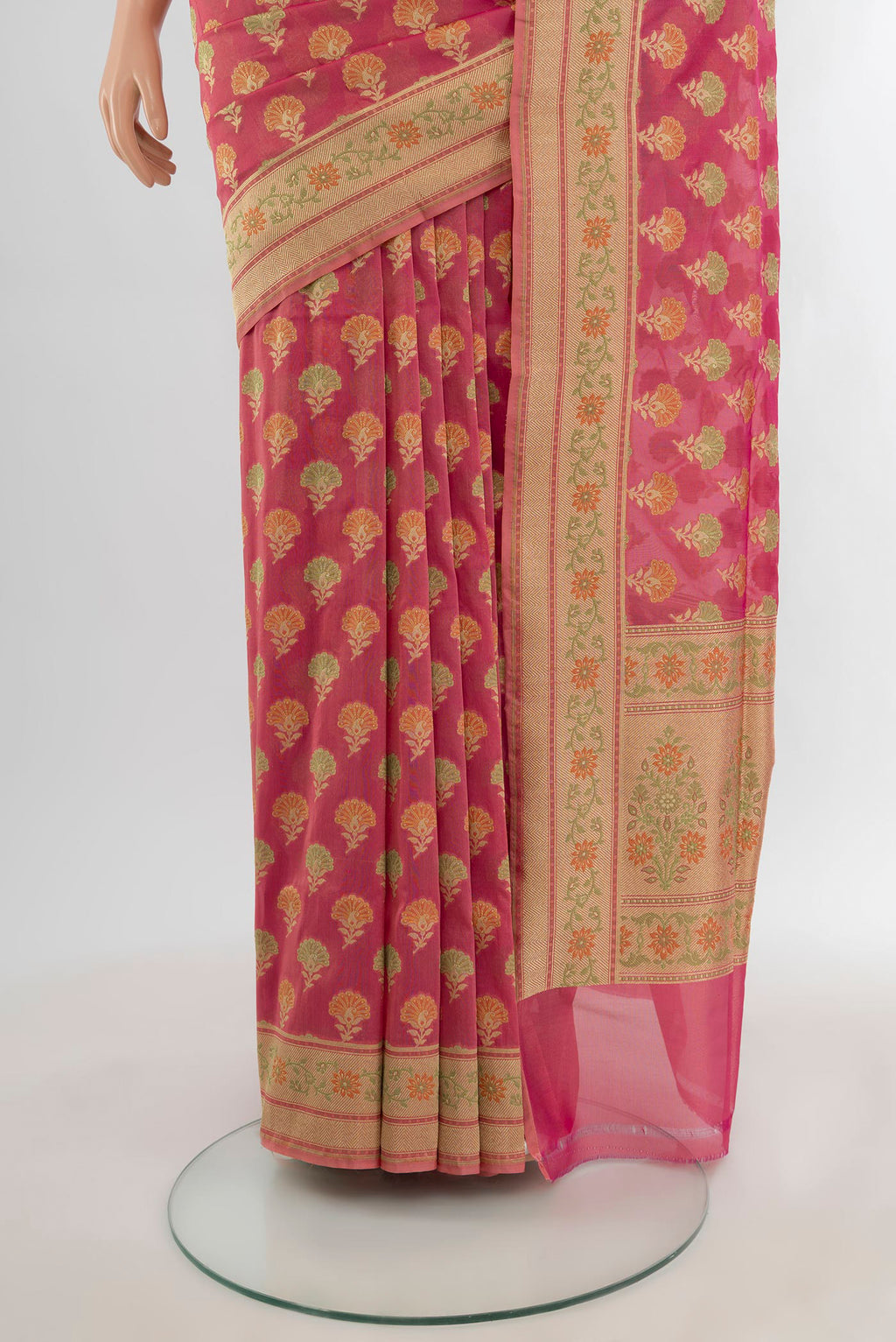 Pleats and pallu of Pink Banarasi Silk Saree with Zari And Thread Butta on the body and Zari Border. 