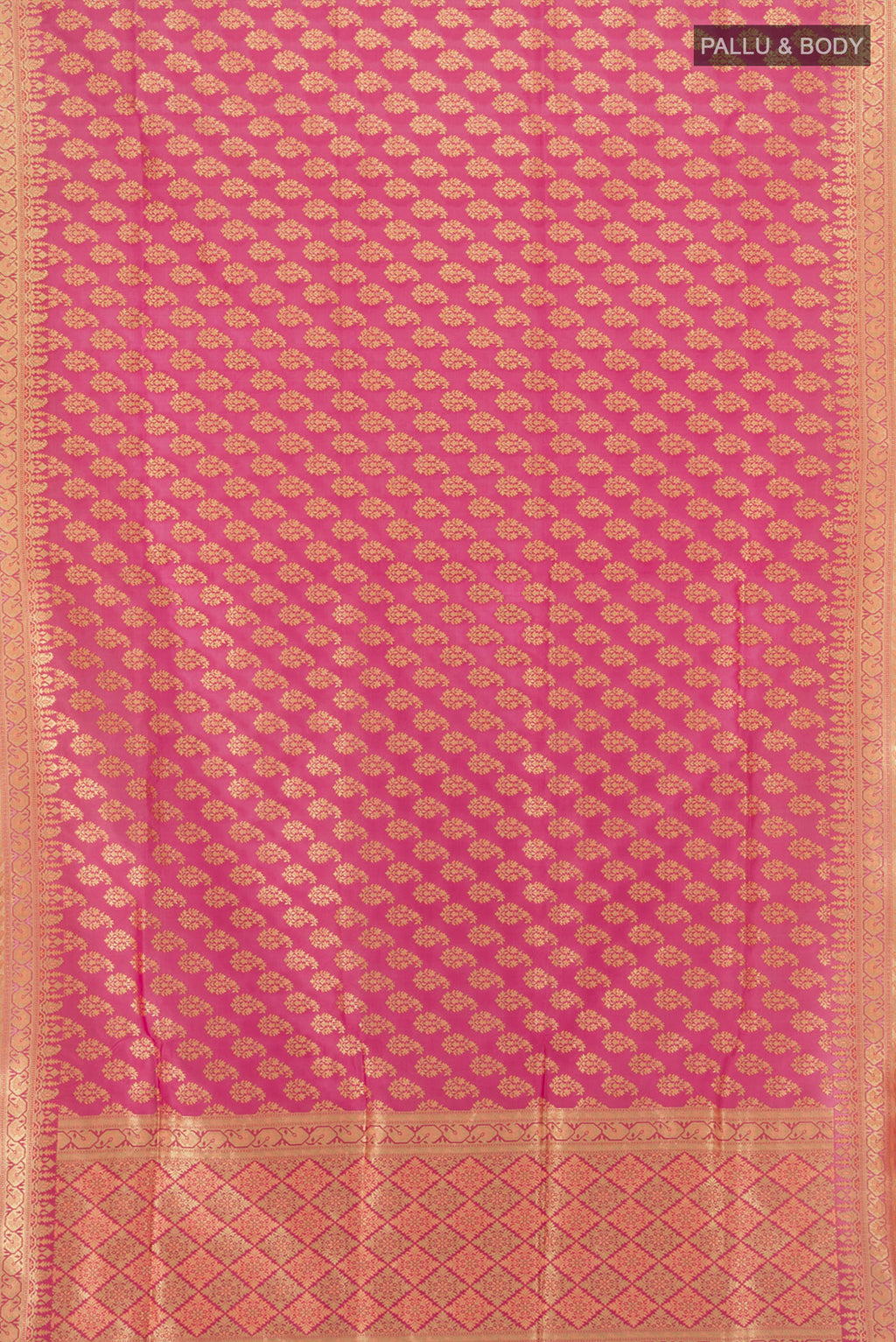 Flat view of Pink Banarasi Silk Saree with Zari And Thread Butta on the body and Zari Border. 