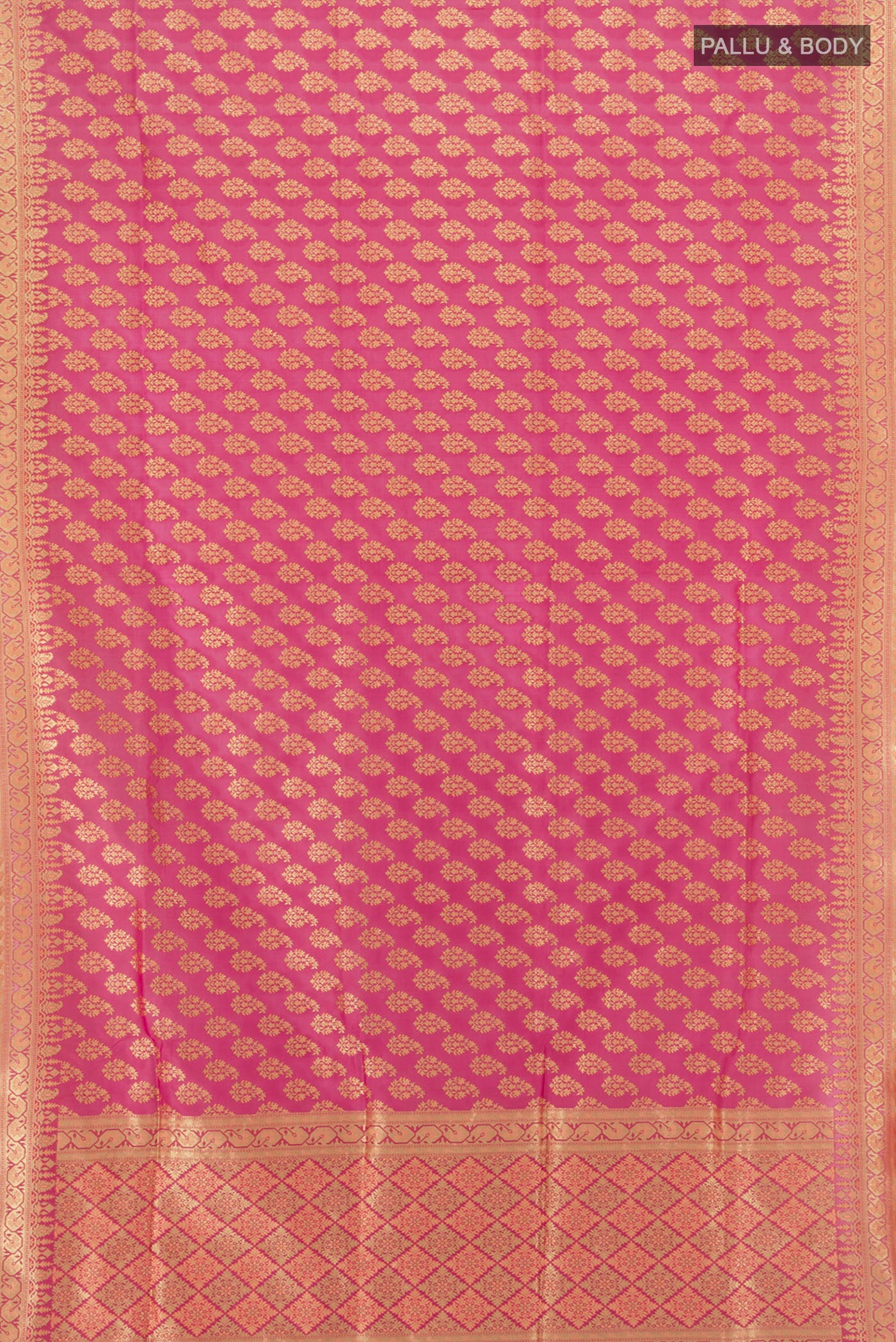 Flat view of Pink Banarasi Silk Saree with Zari And Thread Butta on the body and Zari Border. 