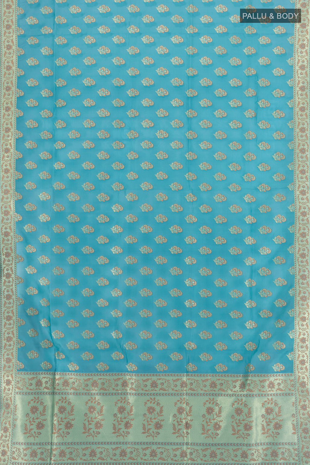 Flat view of Light Blue Banarasi Silk Saree with Zari And Thread Butta on the body and Zari Border. 