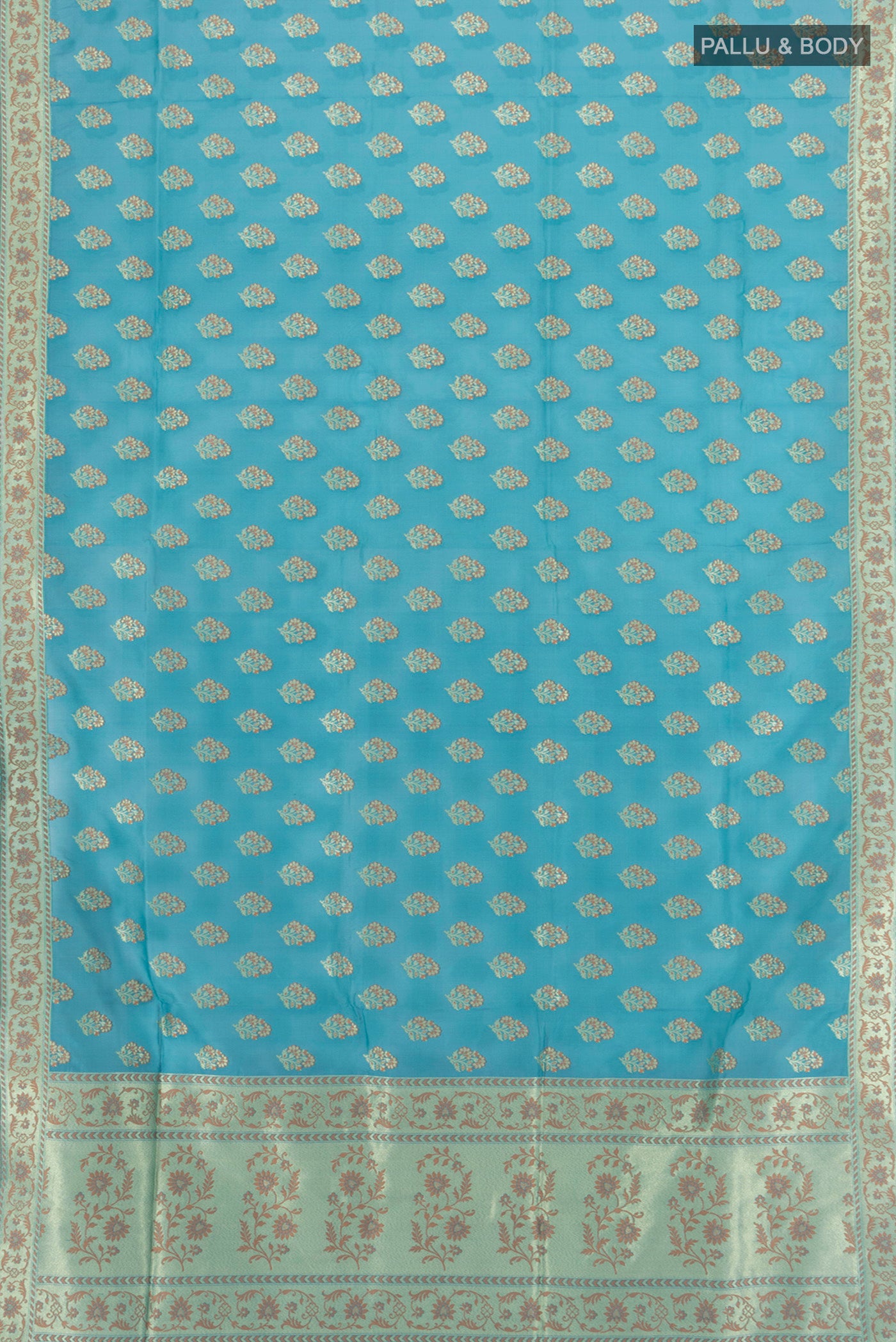 Flat view of Light Blue Banarasi Silk Saree with Zari And Thread Butta on the body and Zari Border. 