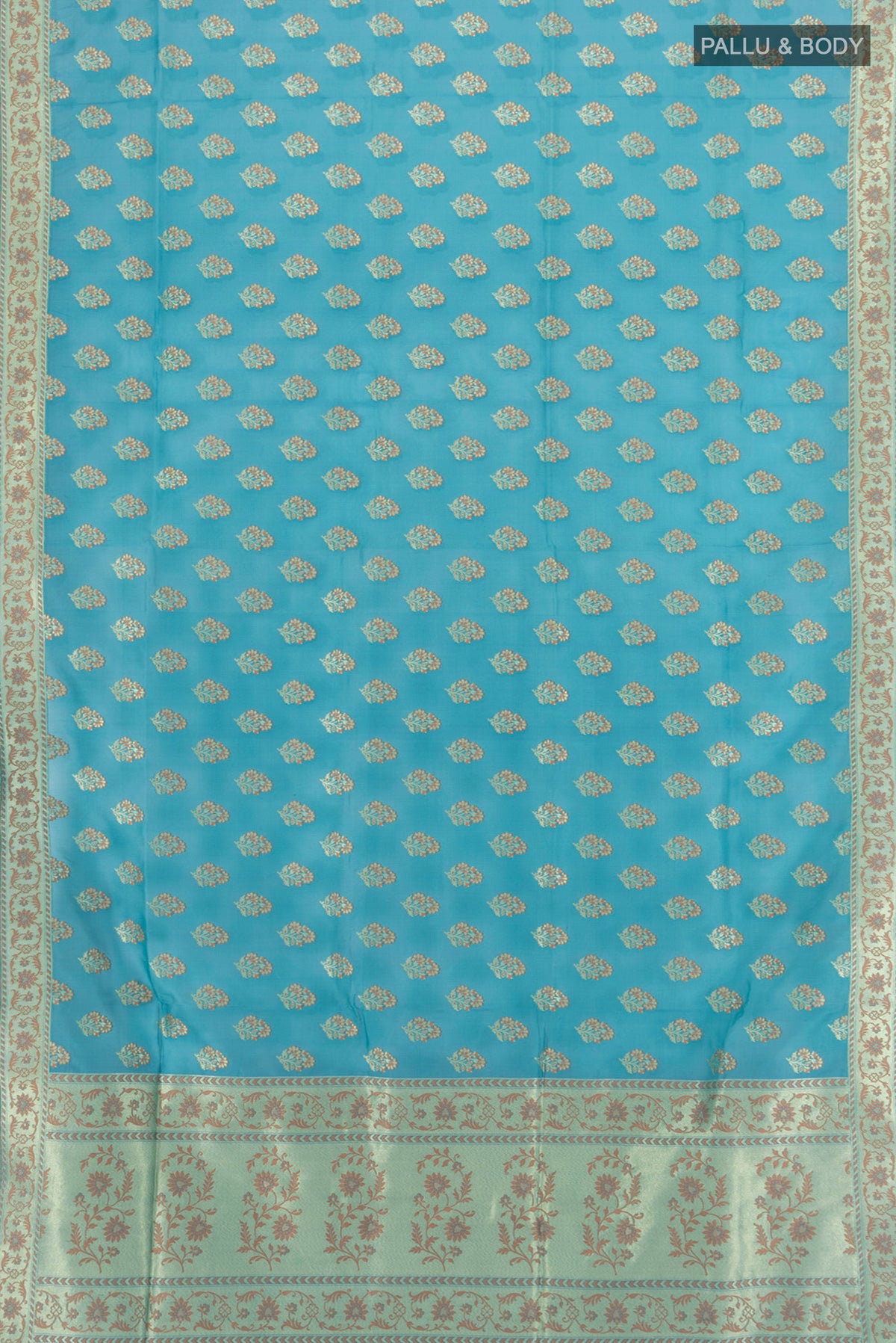Flat view of Light Blue Banarasi Silk Saree with Zari And Thread Butta on the body and Zari Border. 