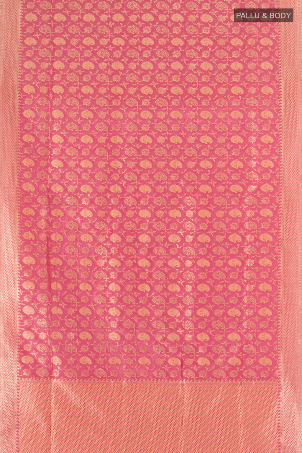 Flat view of Rose pink Banarasi Silk Saree with Zari And Thread Butta on the body and Zari Border. 