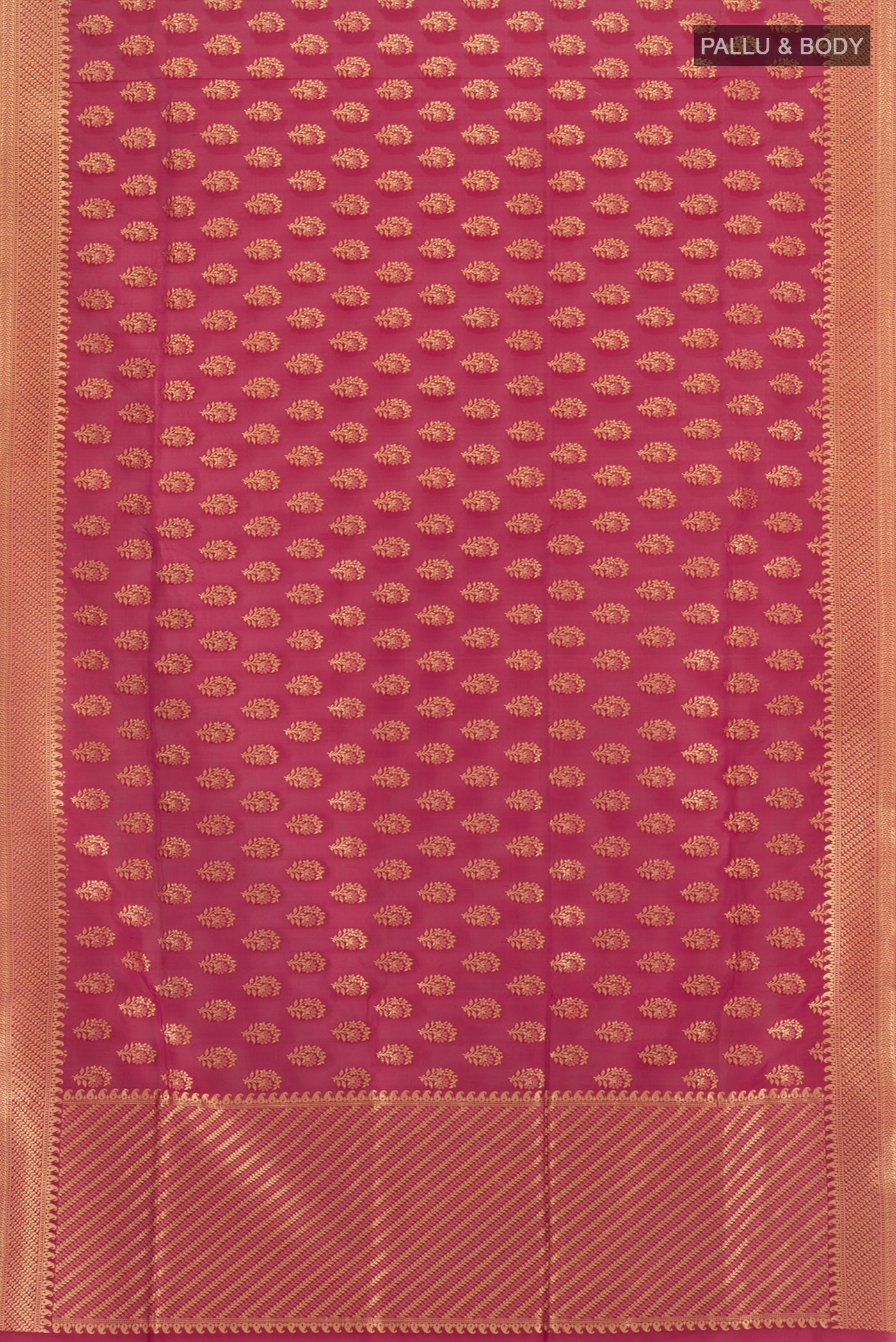 Flat view of Dark Pink Banarasi Silk Saree with Zari Butta on the body and Zari Border. 