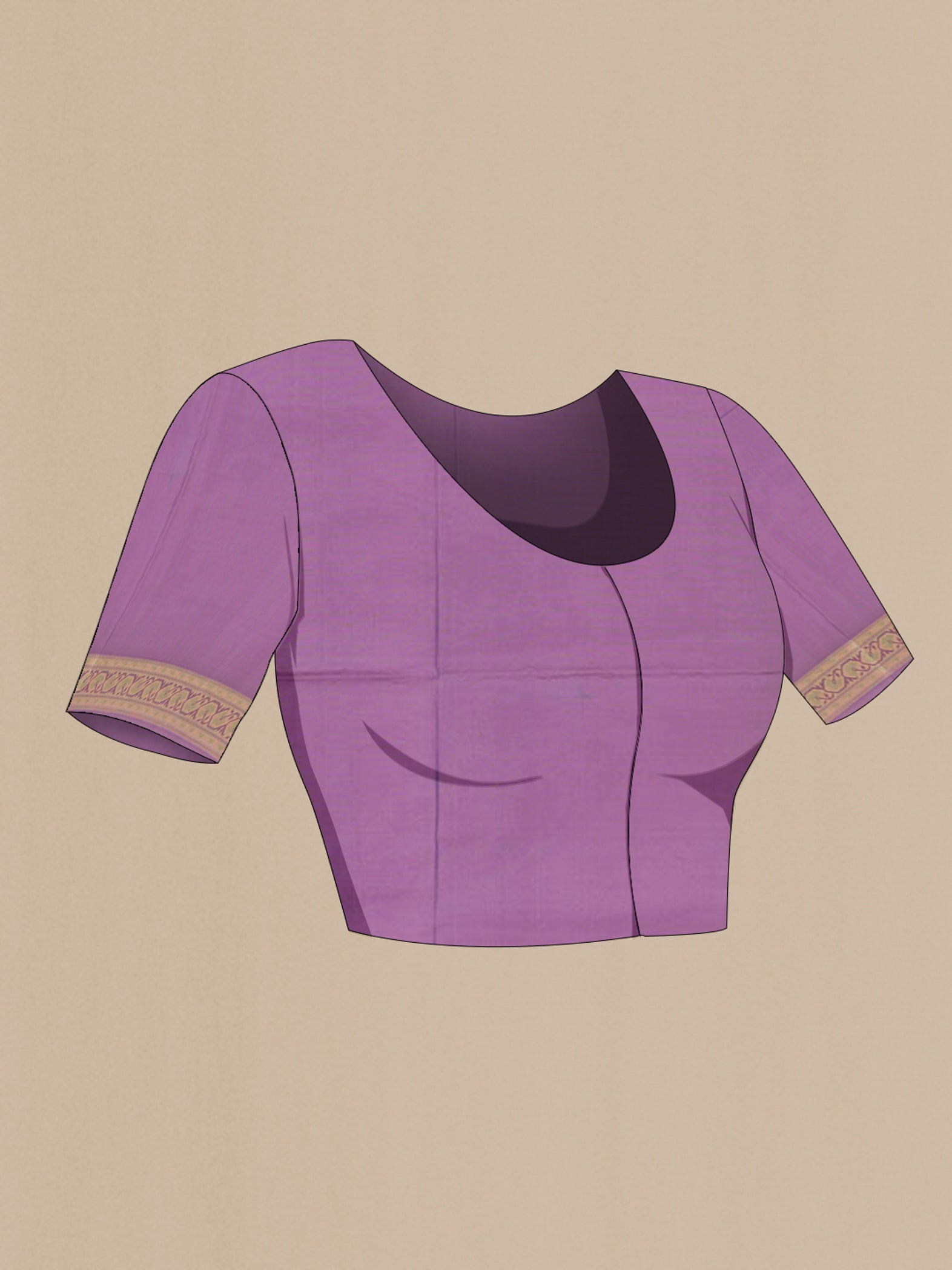 Close up image of the blouse of Lavender Banarasi Silk Saree with Zari Butta on the body and Silk Border. 