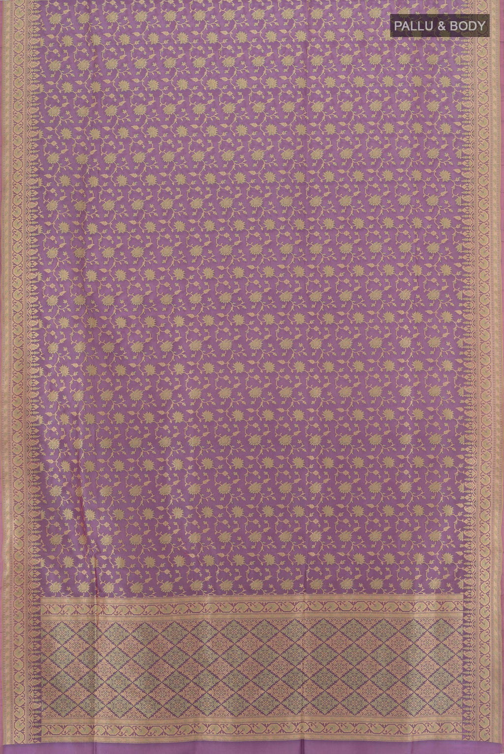 Flat view of Lavender Banarasi Silk Saree with Zari Butta on the body and Silk Border. 