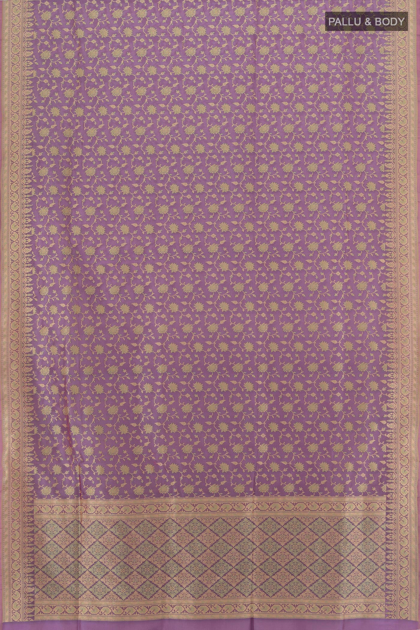 Flat view of Lavender Banarasi Silk Saree with Zari Butta on the body and Silk Border. 