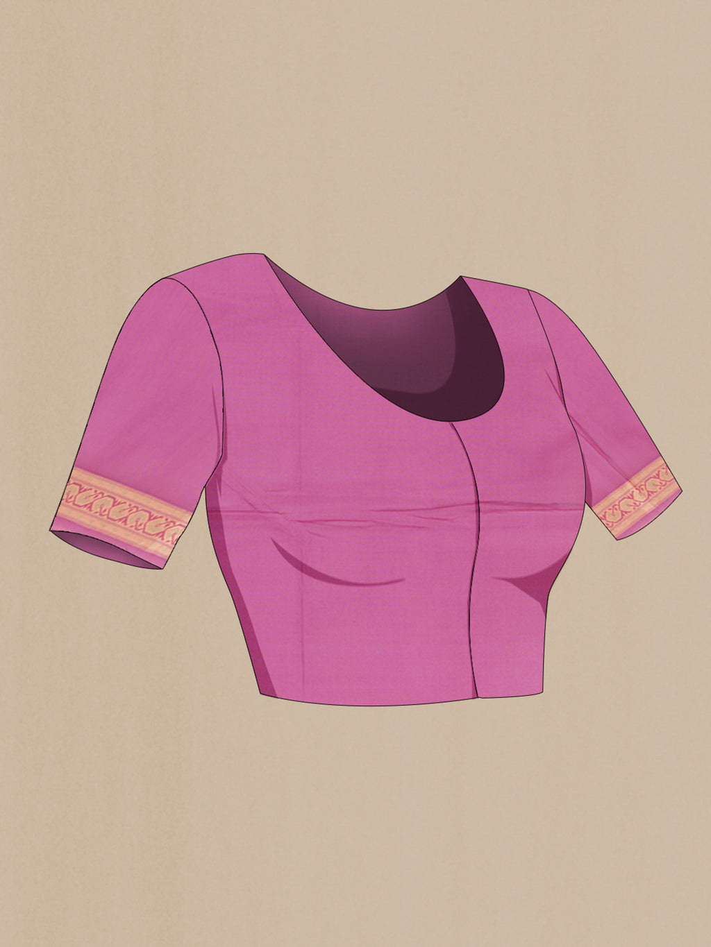 Close up image of the blouse of Purple Banarasi Silk Saree with Thread Butta on the body and Thread Border. 